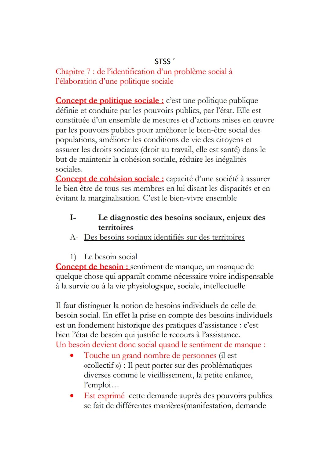 STSS'
Chapitre 7: de l'identification d'un problème social à
l'élaboration d'une politique sociale
Concept de politique sociale : c'est une 