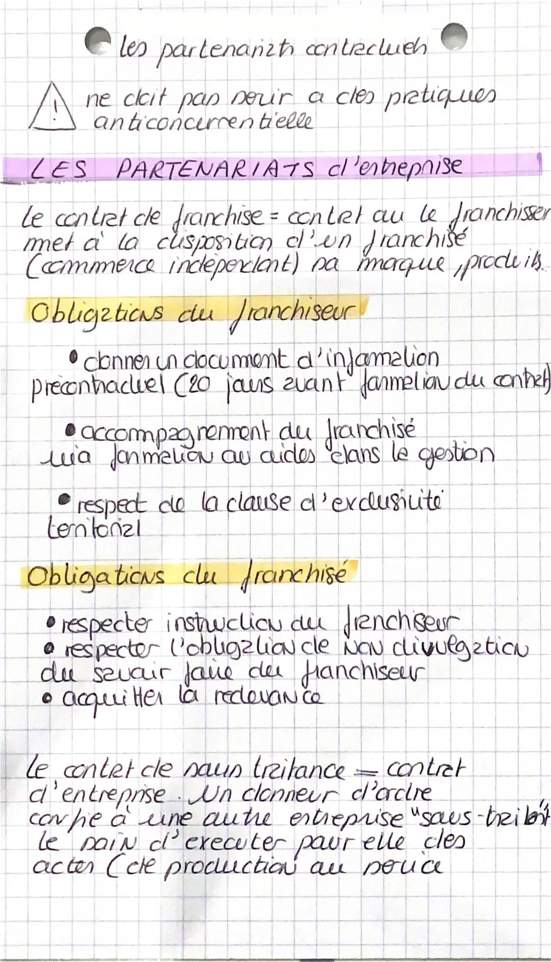 A
les partenant contractueh
ne doit pas nour a cles pratiques
anticoncurrentielle
LES PARTENARIATS d'entreprise
Le contrat cle franchise = c