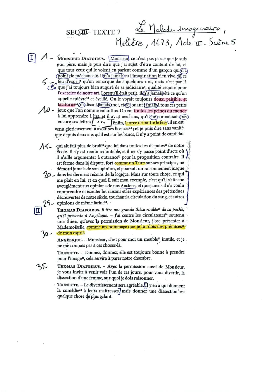 SEQ TEXTE 2
Le Malade imaginaire
1
Molière, 1673, Acte II. Scène 5
IA- MONSIEUR DIAFOIRUS. Monsieur ce n'est pas parce que je suis
son père,