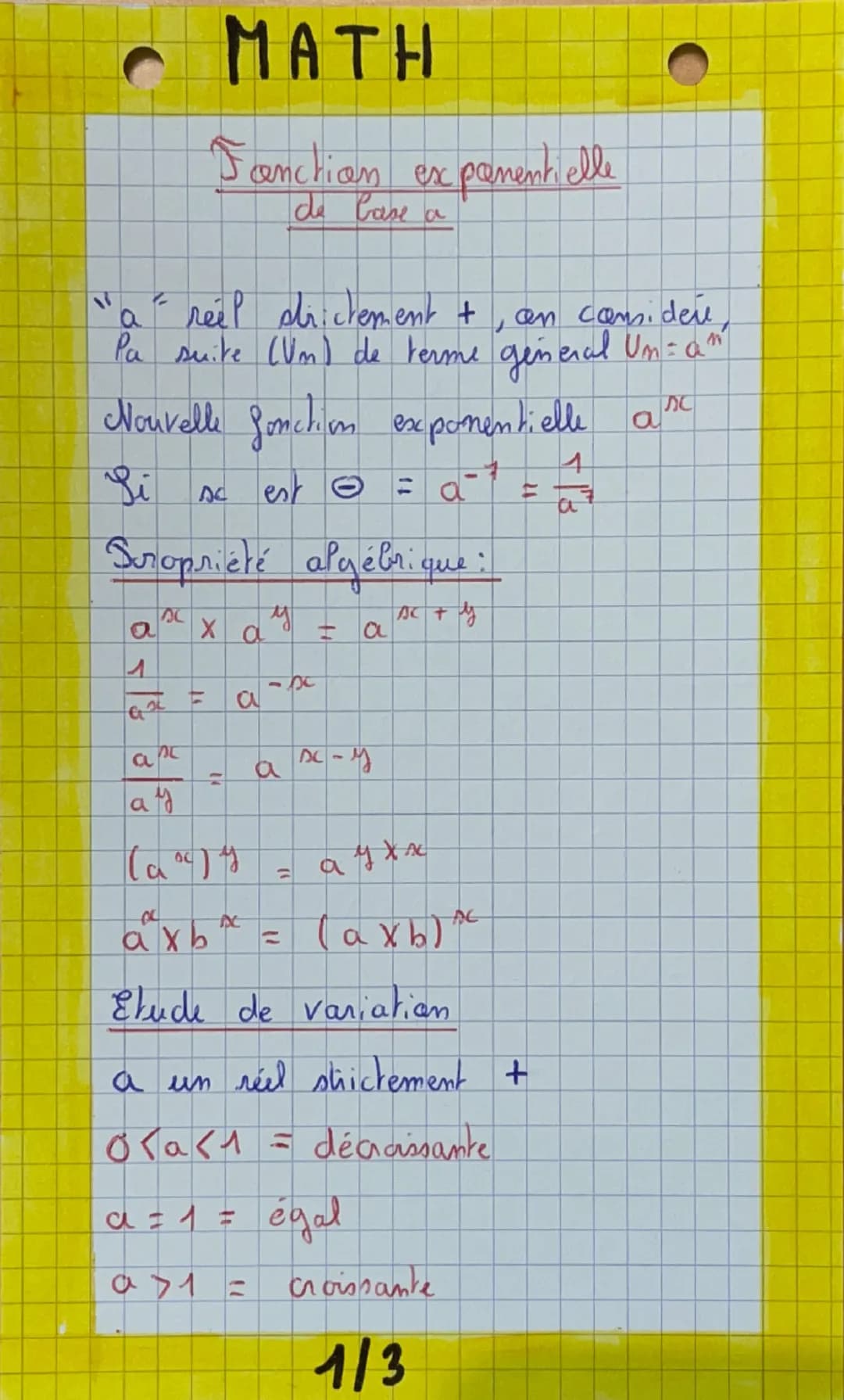 C MATH
Fanchion expament, elle
exponentielle
de lake a
"a" reel drictement +, an consider,
Pa suite (Um) de terme general Un=a"
Nouvelle fon