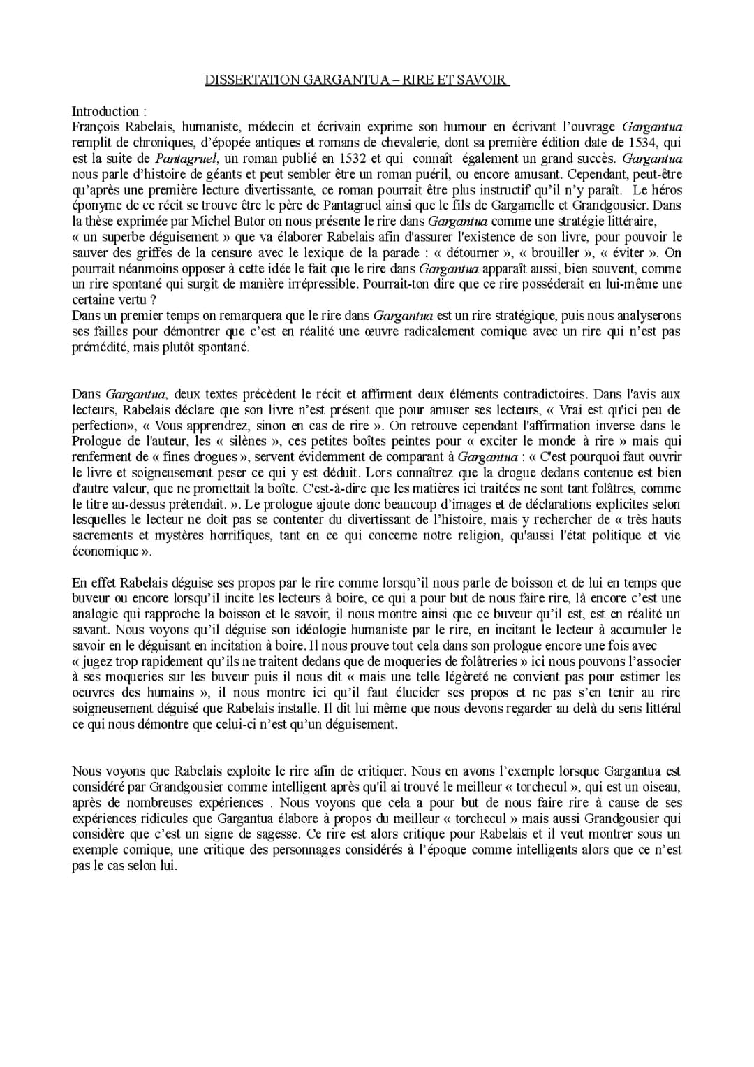 Dissertation Gargantua: Rire et Savoir - Exemples et Plans PDF Corrigés