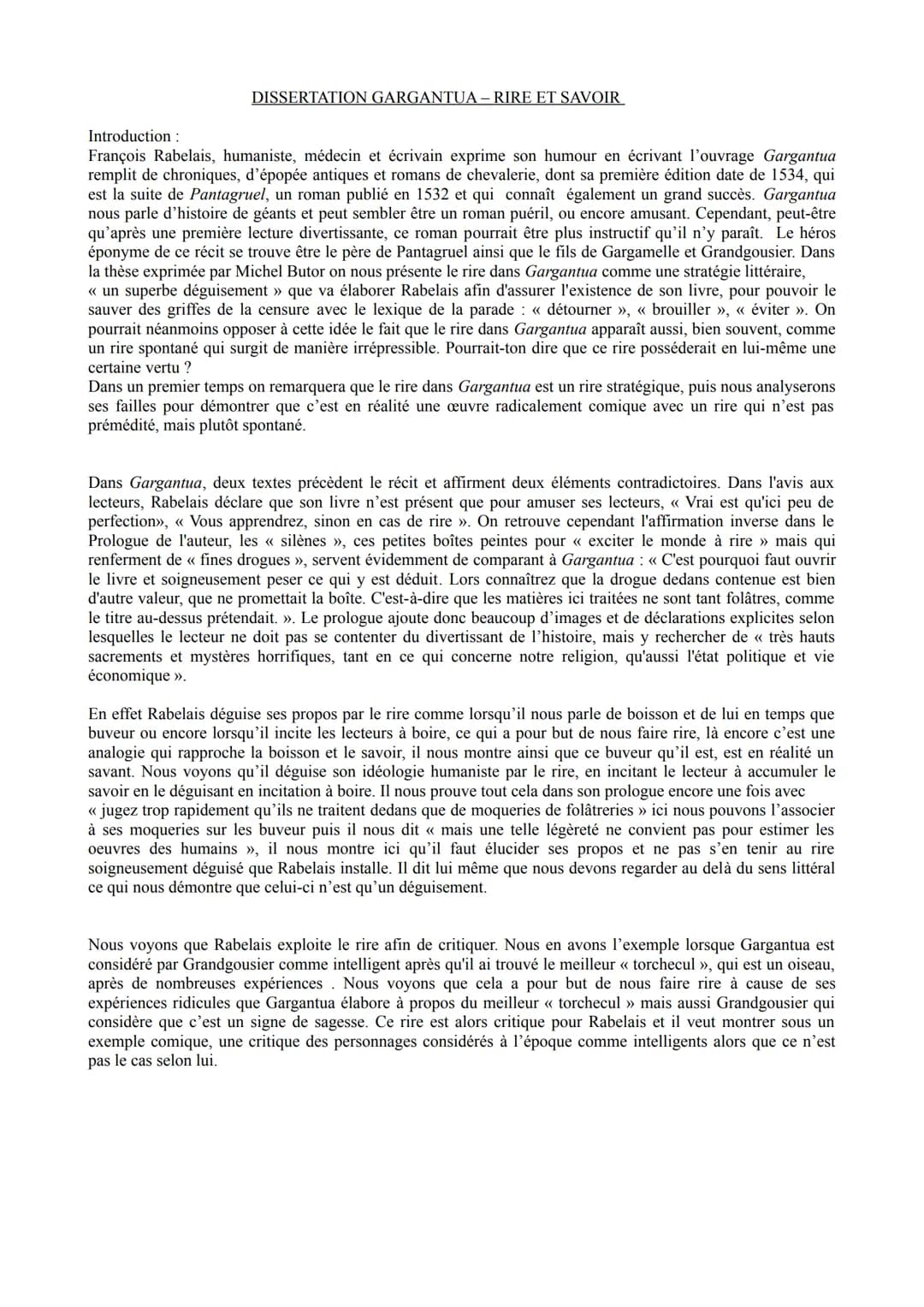 DISSERTATION GARGANTUA - RIRE ET SAVOIR
Introduction:
François Rabelais, humaniste, médecin et écrivain exprime son humour en écrivant l'ouv