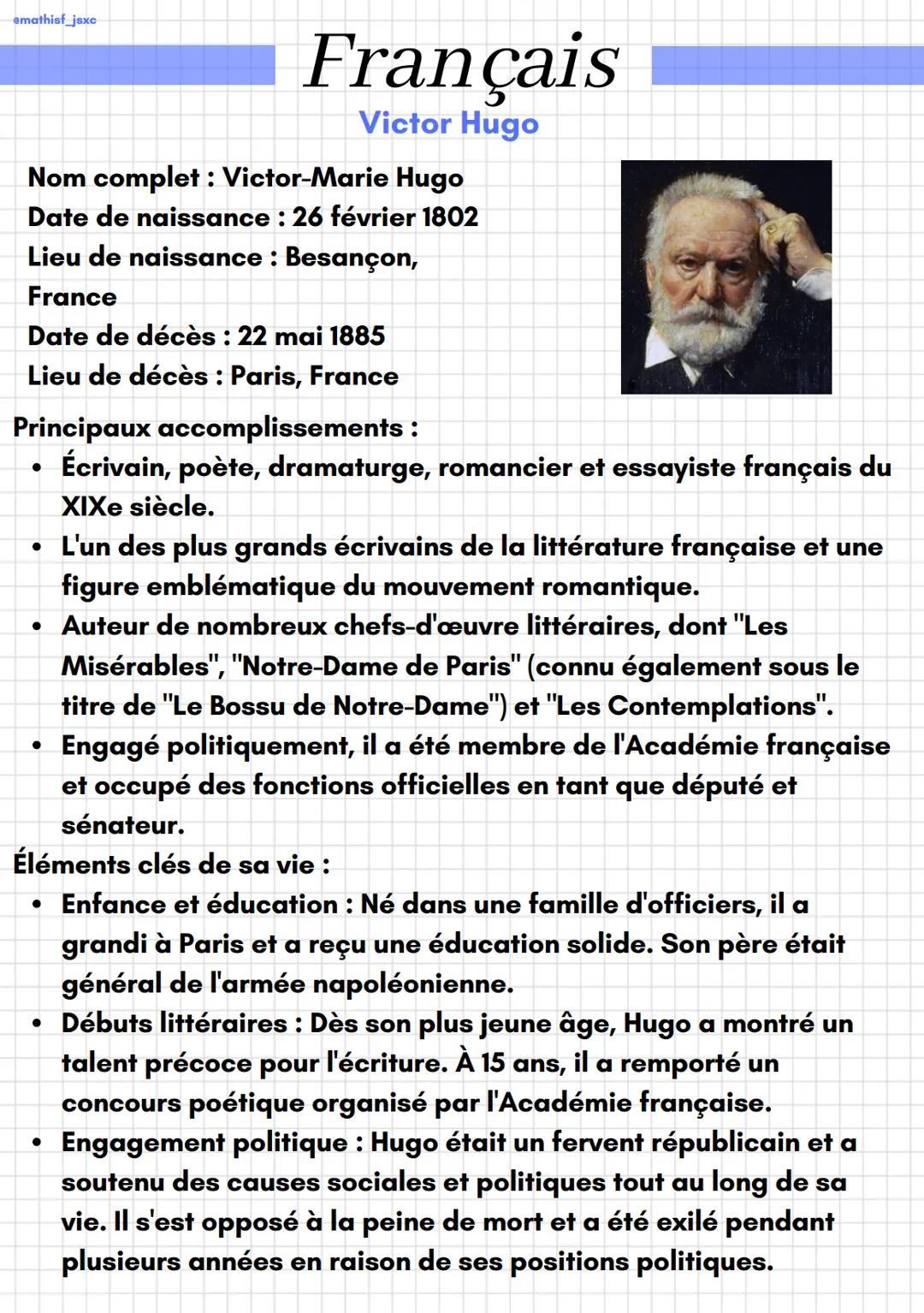 emathisf_jsxc
Nom complet: Victor-Marie Hugo
Date de naissance : 26 février 1802
Lieu de naissance : Besançon,
France
Date de décès : 22 mai