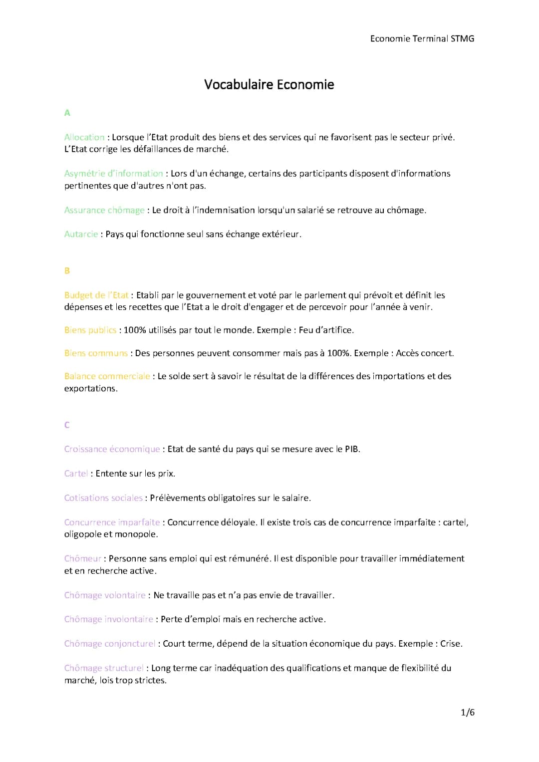 Lexique Économie STMG et Droit STMG - Fiche Révision Bac STMG PDF