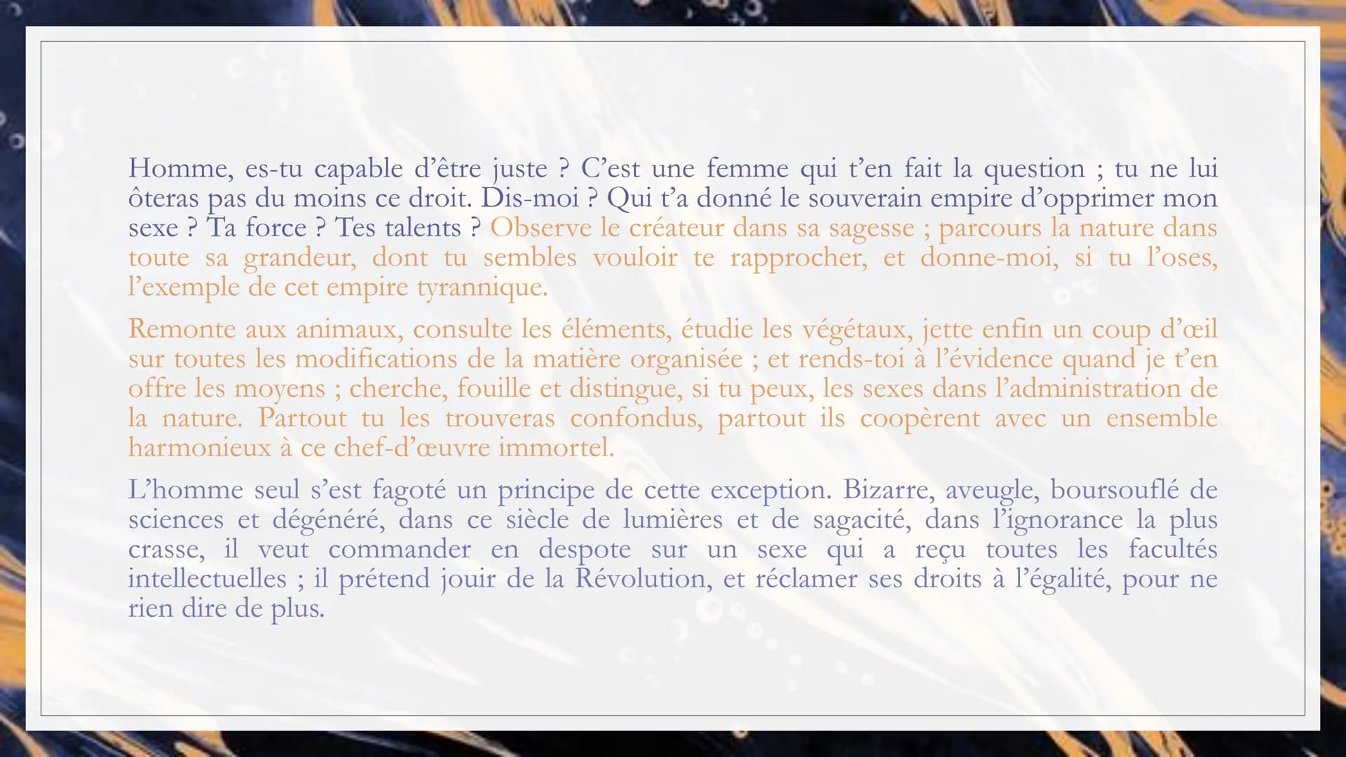 EXHORTATION
AUX HOMMES
Auteur : Olympe de Gouges
Date : 1791
Recueil : La déclaration des
droits de la Femme et de la
citoyenne
Mouvement li