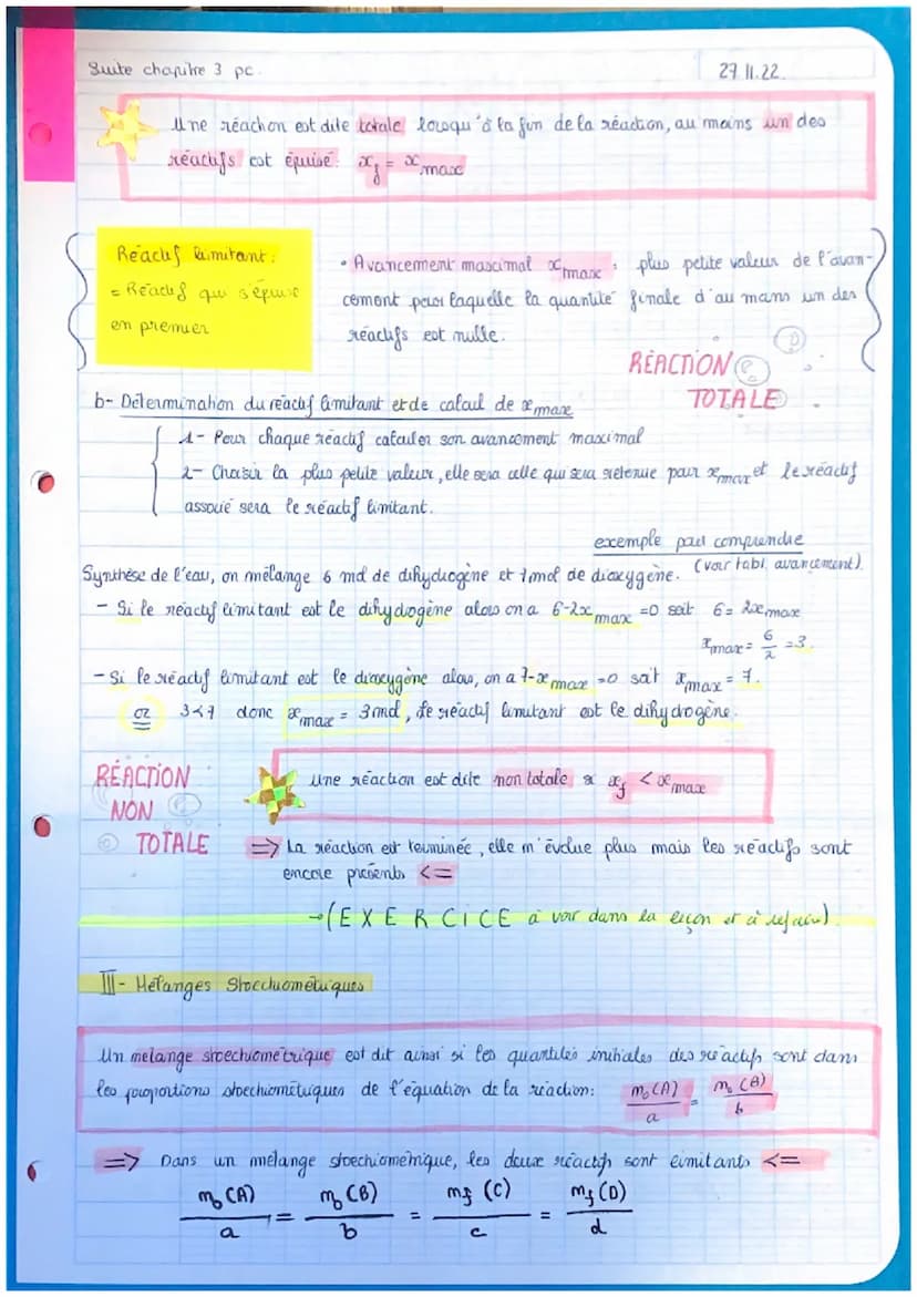 * Physique
I) Tableau d'avancement
L> grandeur notees et qui s'exprime en mol et permet de
L'avancement d'une suivre l'évolution d'un systèm