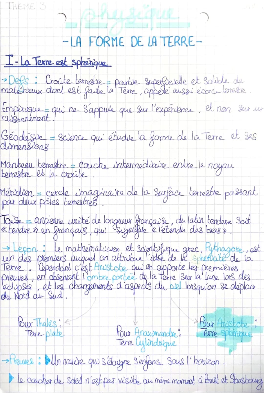 THEME 3
an seque
-LA FORME DE LA TERRE-
I-La Terre est sphérique
→ Defs : Croûte terrestre = partie superficielle et solide du
matéraux dont