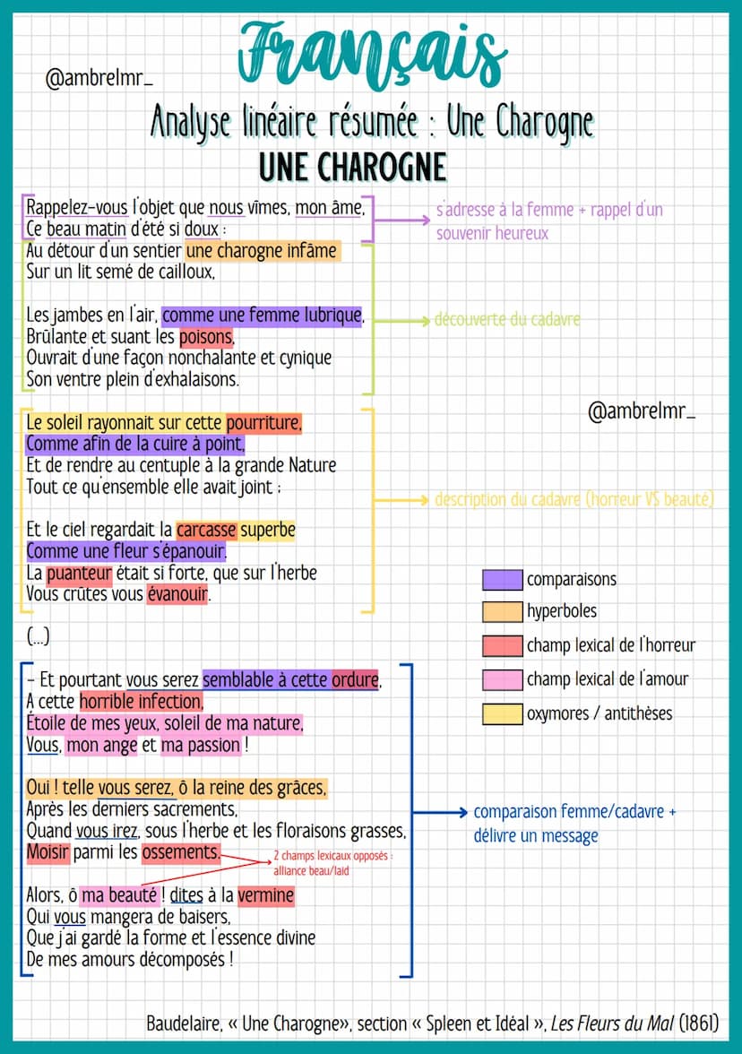 Français
Analyse linéaire résumée : Une Charogne
@ambrelmr_
INTRODUCTION
Présentation du texte :
→ Auteur : - Charles Baudelaire = héritier 