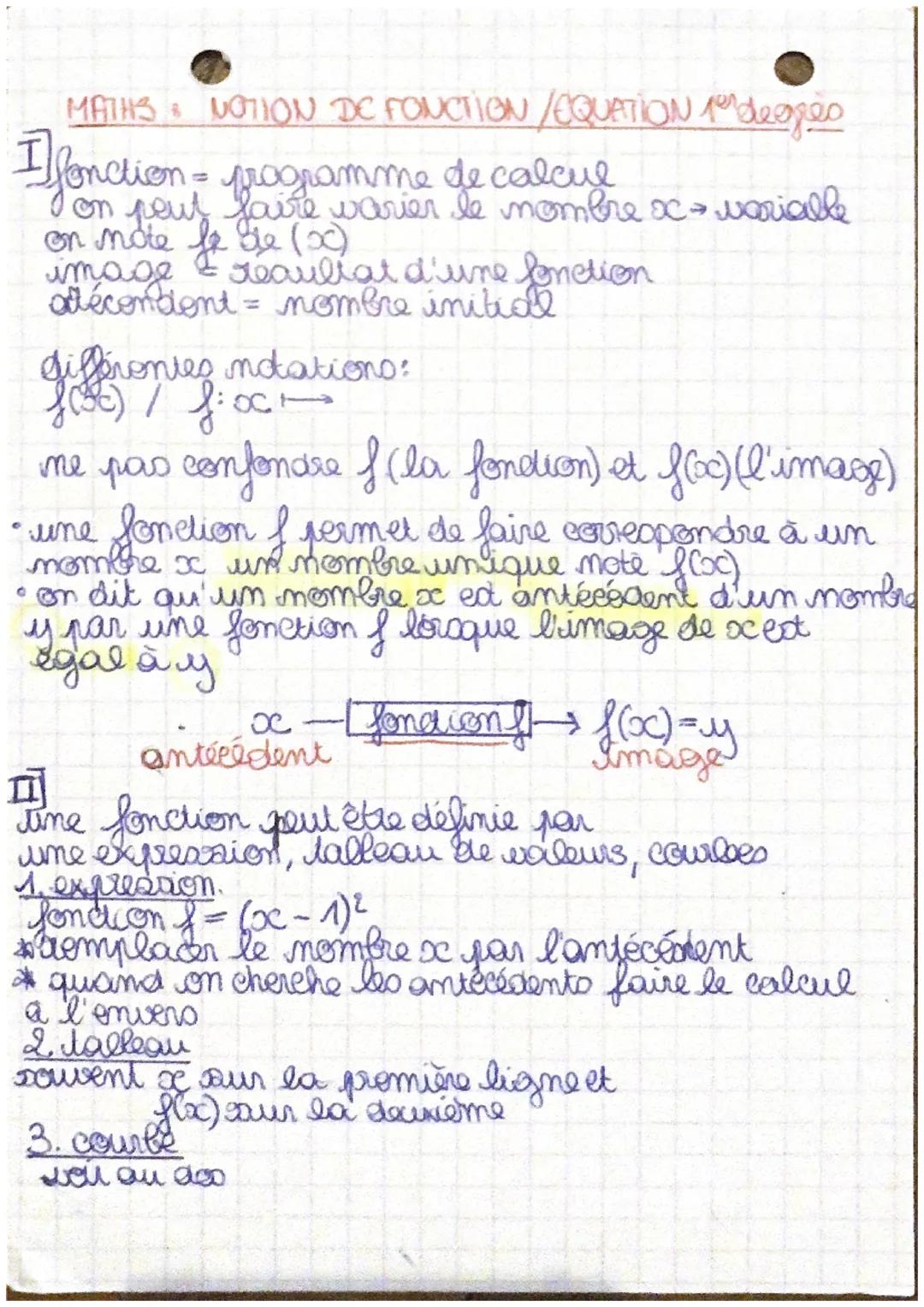 MATHS: NOTION DE FONCTION / EQUATION 1er degrés

I fonction = programme de calcul
 on peut faire varier le mombre ox varialle
 on mote fe de