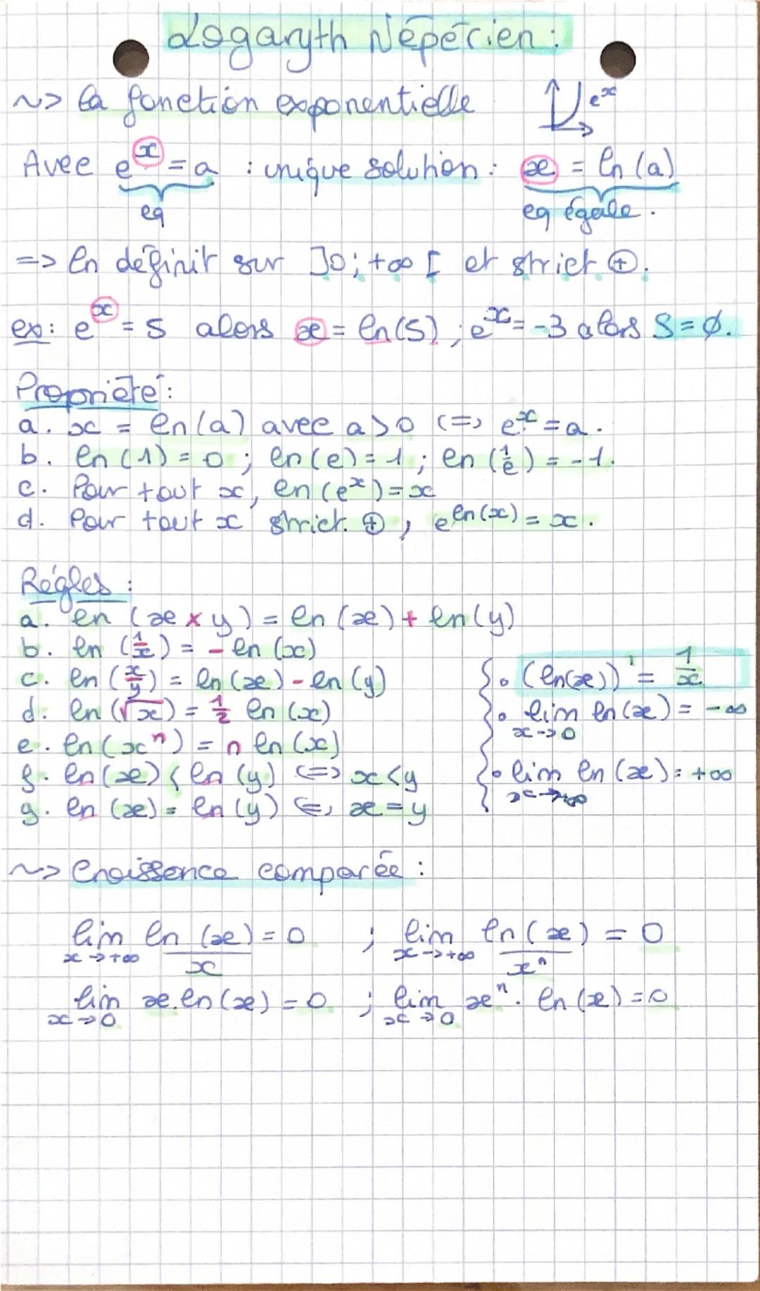 Logaryth Neperien:

~> la fonction exponentielle $De^{x}$

G
Avee $e^{x}=a$: unique solution: $x = ln (a)$

eq

eq égale

=> en definit sur 