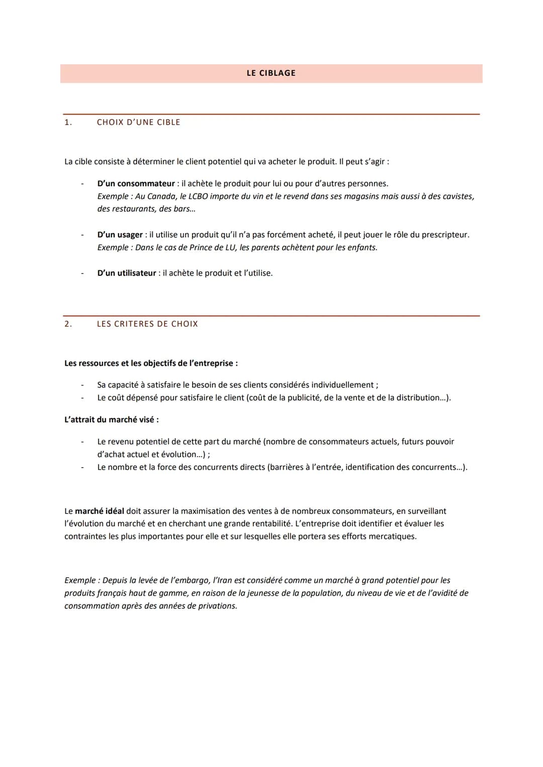 SYNTHESE - CHAPITRE 2: SEGMENTATION, CIBLAGE ET POSITIONNEMENT
Avant d'adapter son plan de marchéage, l'entreprise mène une démarche mercati