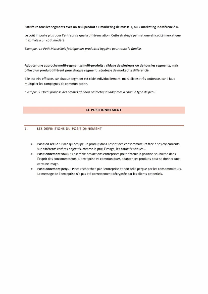 SYNTHESE - CHAPITRE 2: SEGMENTATION, CIBLAGE ET POSITIONNEMENT
Avant d'adapter son plan de marchéage, l'entreprise mène une démarche mercati