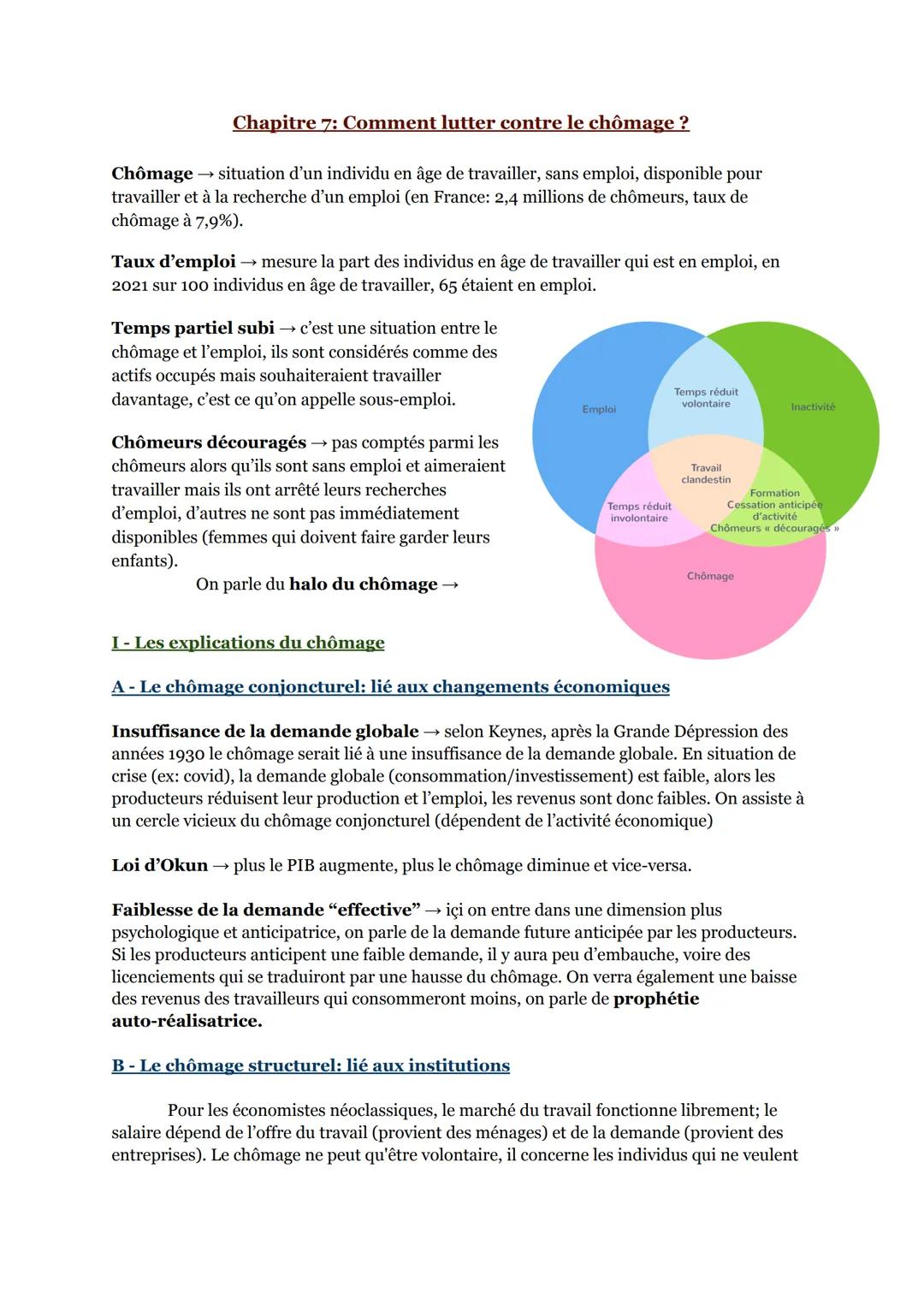 Chapitre 7: Comment lutter contre le chômage?
Chômage → situation d'un individu en âge de travailler, sans emploi, disponible pour
travaille