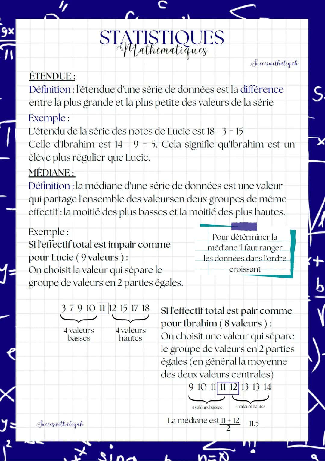 gx
y =
y =
2
Lucie
STATISTIQUES
Mathematiques
с
Calculer la moyenne et la médiane d'une série de données S:
Voici le relevé de notes de deux