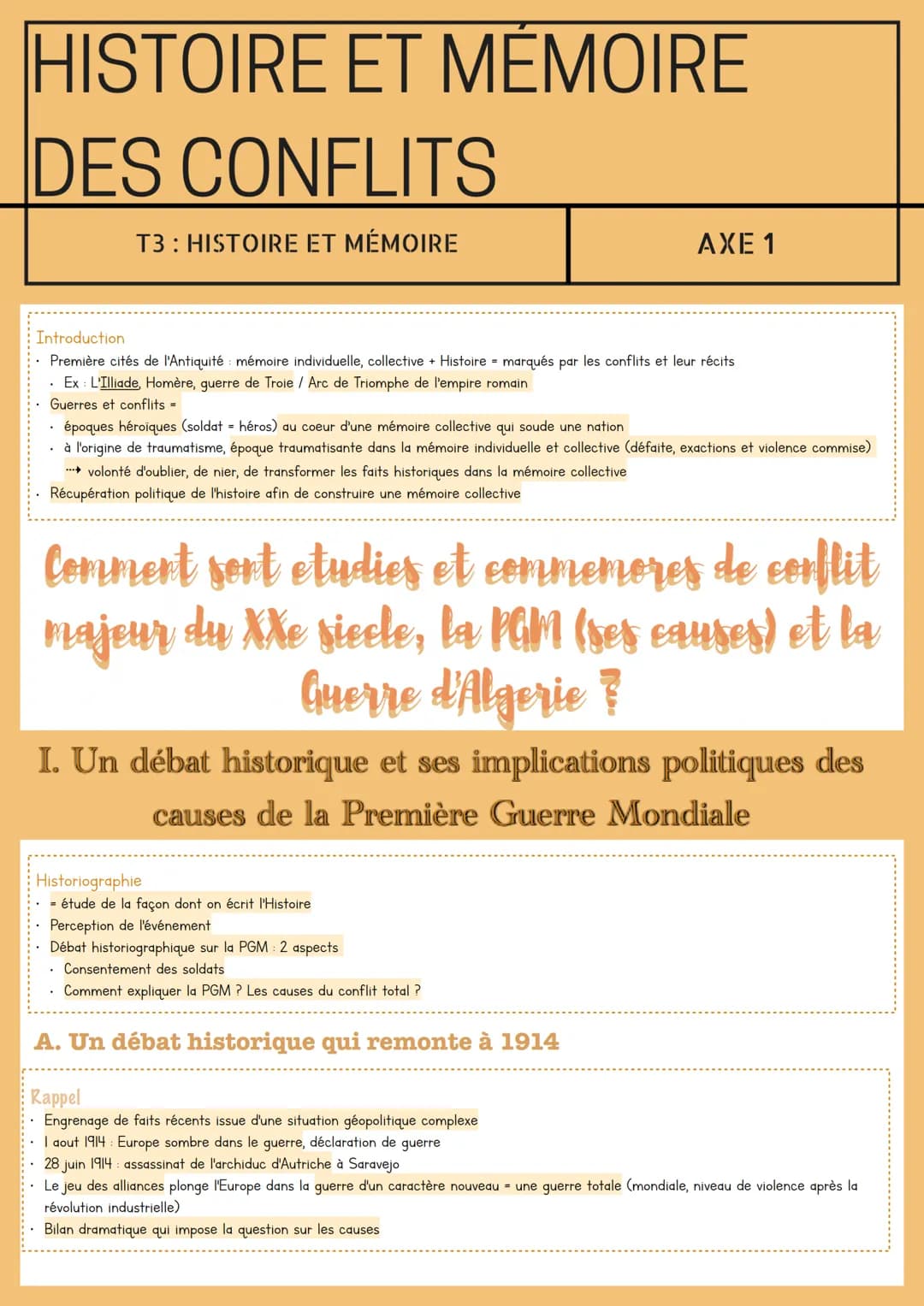 HISTOIRE ET MÉMOIRE
DES CONFLITS
T3: HISTOIRE ET MÉMOIRE
Introduction
Première cités de l'Antiquité: mémoire individuelle, collective + Hist