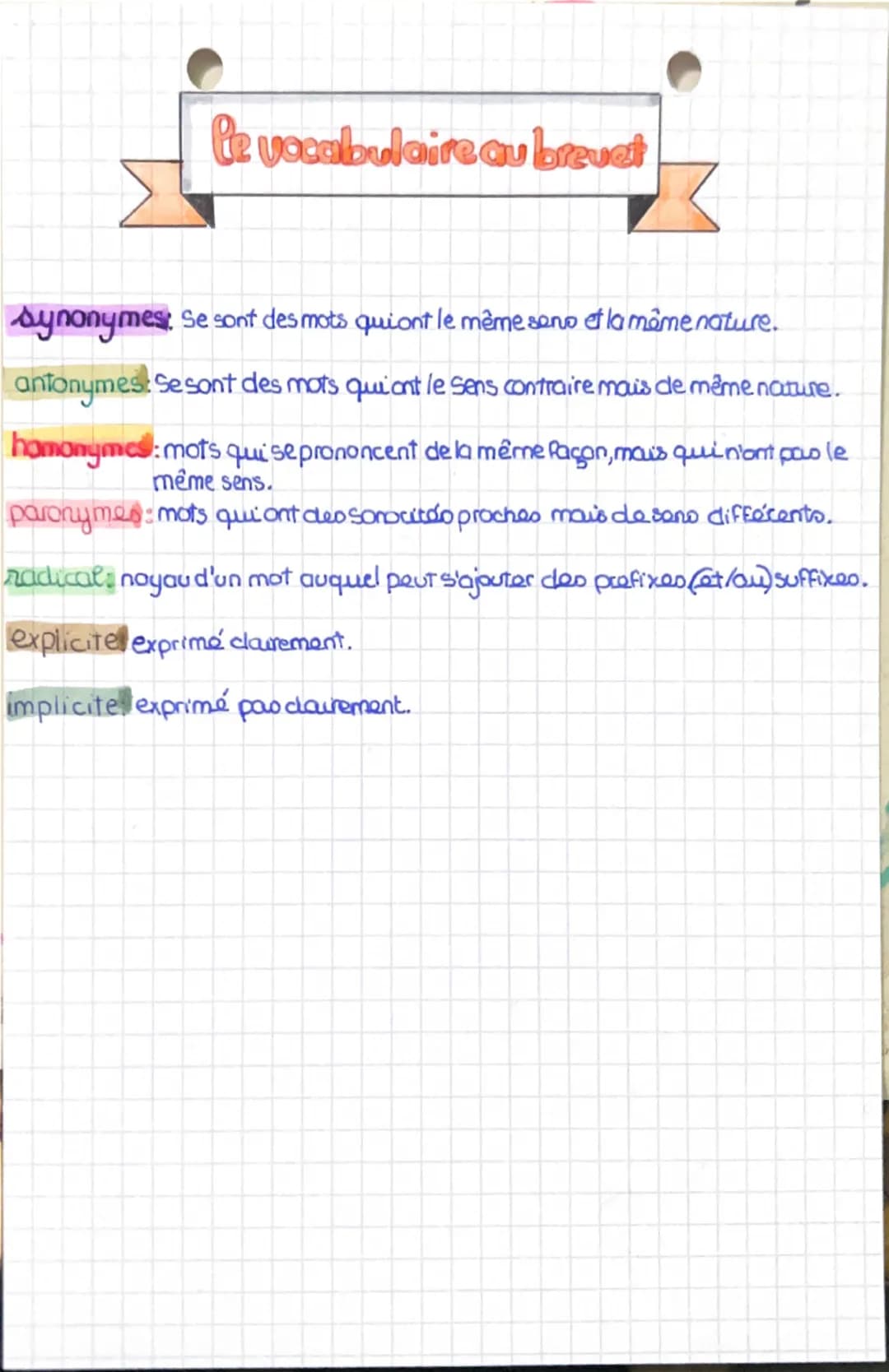 le vocabulaire au brevet
Synonymes se sont des mots quiont le même sono et la même nature.
antonymes: Se sont des mots qui ont le sens contr