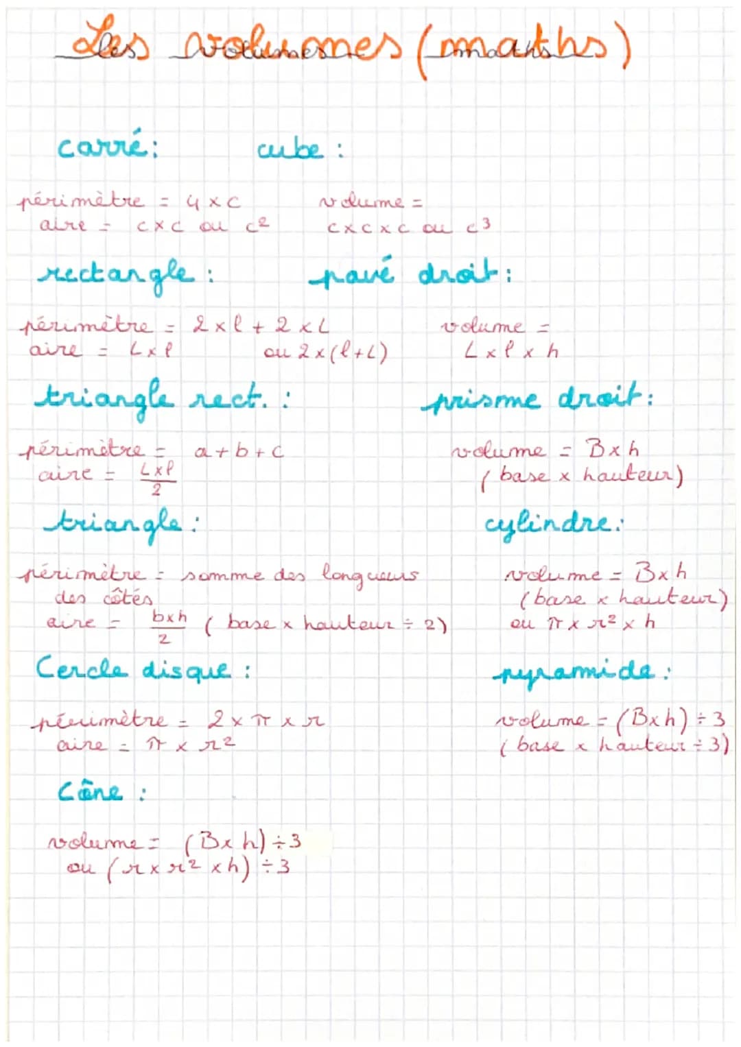 Les volumes (maths)
carré:
périmètre
aire =
- 4хс
cxc ou се
rectangle:
périmètre
aire =
L x P
= 2 xl + 2 x L
périmètre -
của LxP
2
triangle: