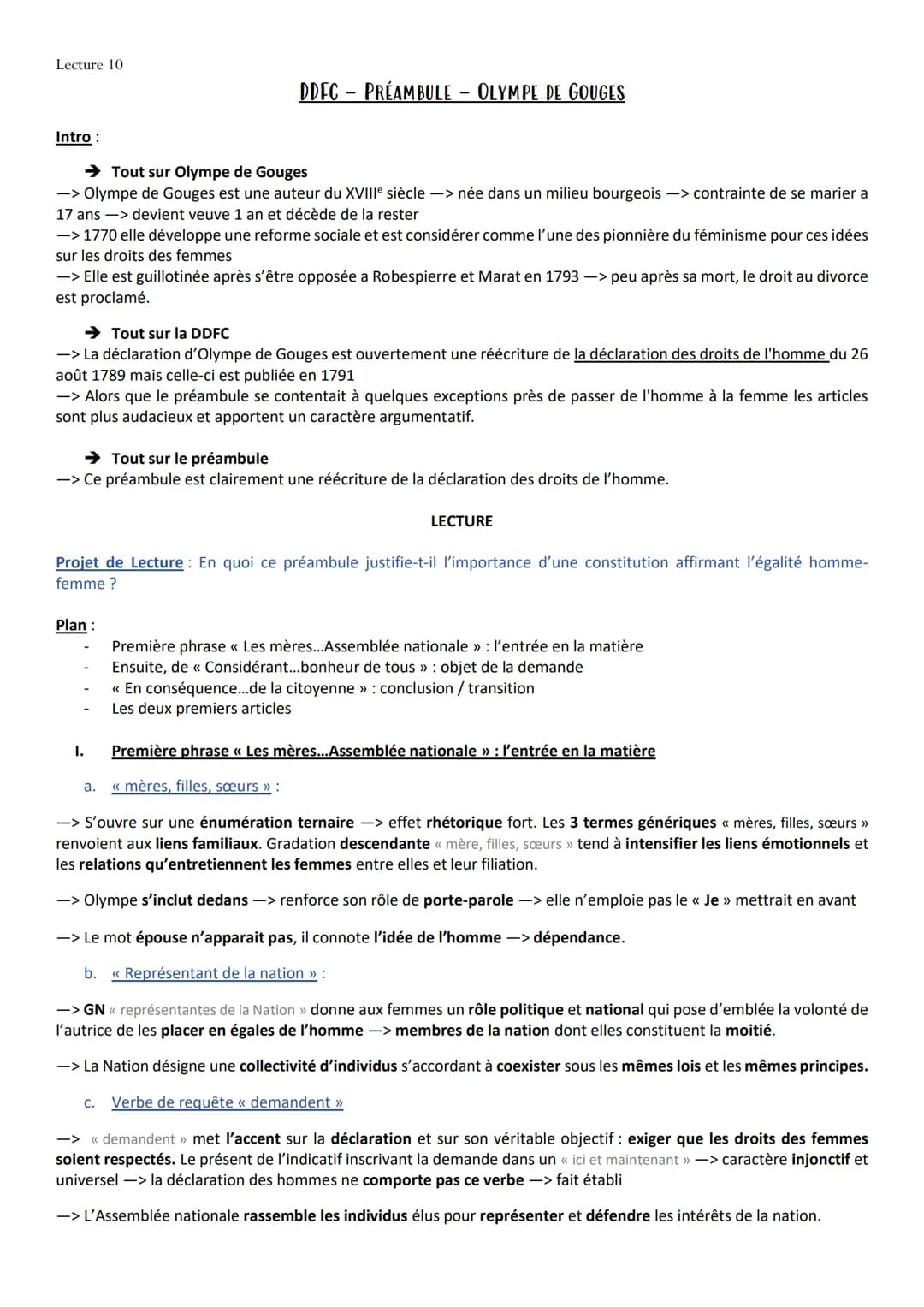 Lecture 10
Intro :
→➜ Tout sur Olympe de Gouges
-> Olympe de Gouges est une auteur du XVIIIe siècle -> née dans un milieu bourgeois -> contr