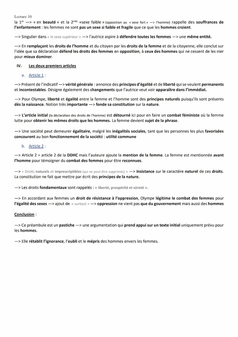 Lecture 10
Intro :
→➜ Tout sur Olympe de Gouges
-> Olympe de Gouges est une auteur du XVIIIe siècle -> née dans un milieu bourgeois -> contr