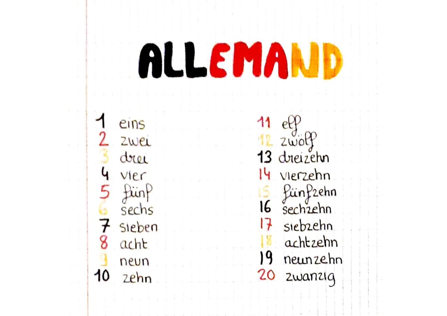 ALLEMAND
11 elf
12 zwölf
13 dreizehn
1 eins
2 zwei
drei
4 vier
5 fünf
sechs
7 Sieben
8 acht
9 neun
10 zehn
14 vierzehn
15 fünfzehn
16 sechze