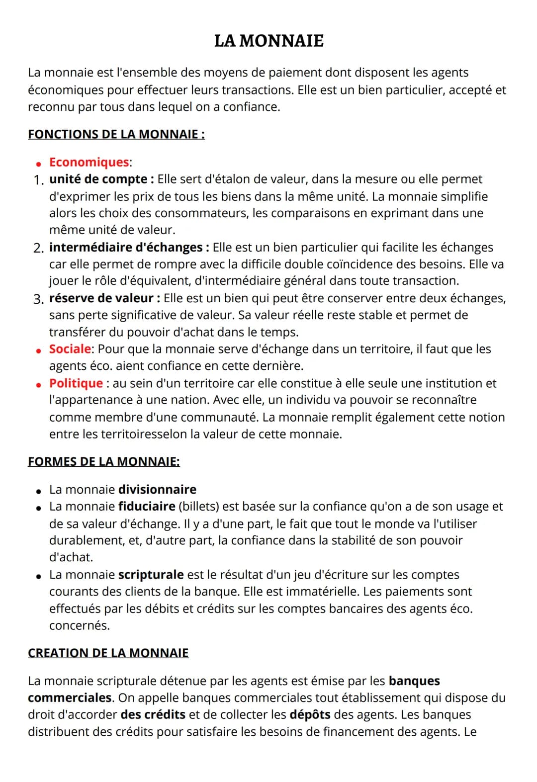 LA MONNAIE
La monnaie est l'ensemble des moyens de paiement dont disposent les agents
économiques pour effectuer leurs transactions. Elle es