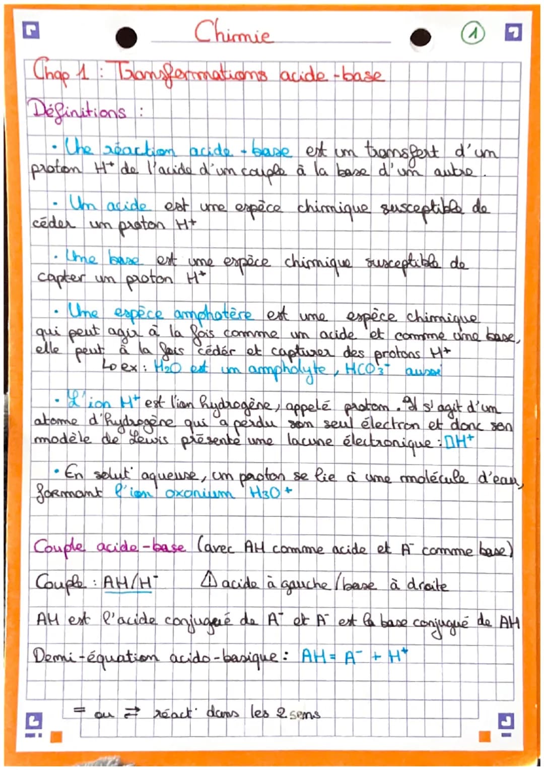Chimie
Chap 1 : Transformations acide-base
Définitions:
• The reaction acide - base est um transfert d'un
proton H+ de l'acide d'im
couple à