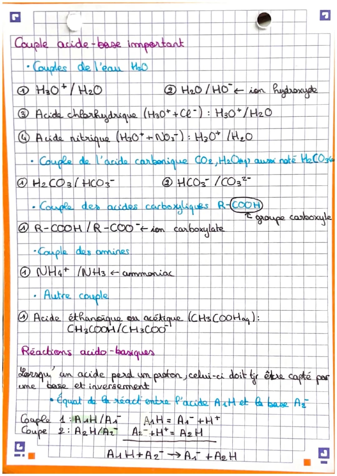 Chimie
Chap 1 : Transformations acide-base
Définitions:
• The reaction acide - base est um transfert d'un
proton H+ de l'acide d'im
couple à