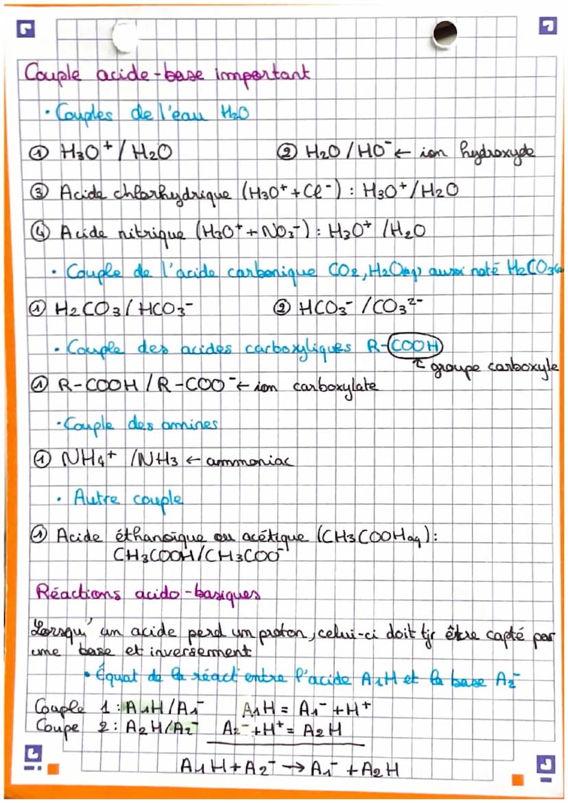 Chimie
Chap 1 : Transformations acide-base
Définitions:
• The reaction acide - base est um transfert d'un
proton H+ de l'acide d'im
couple à