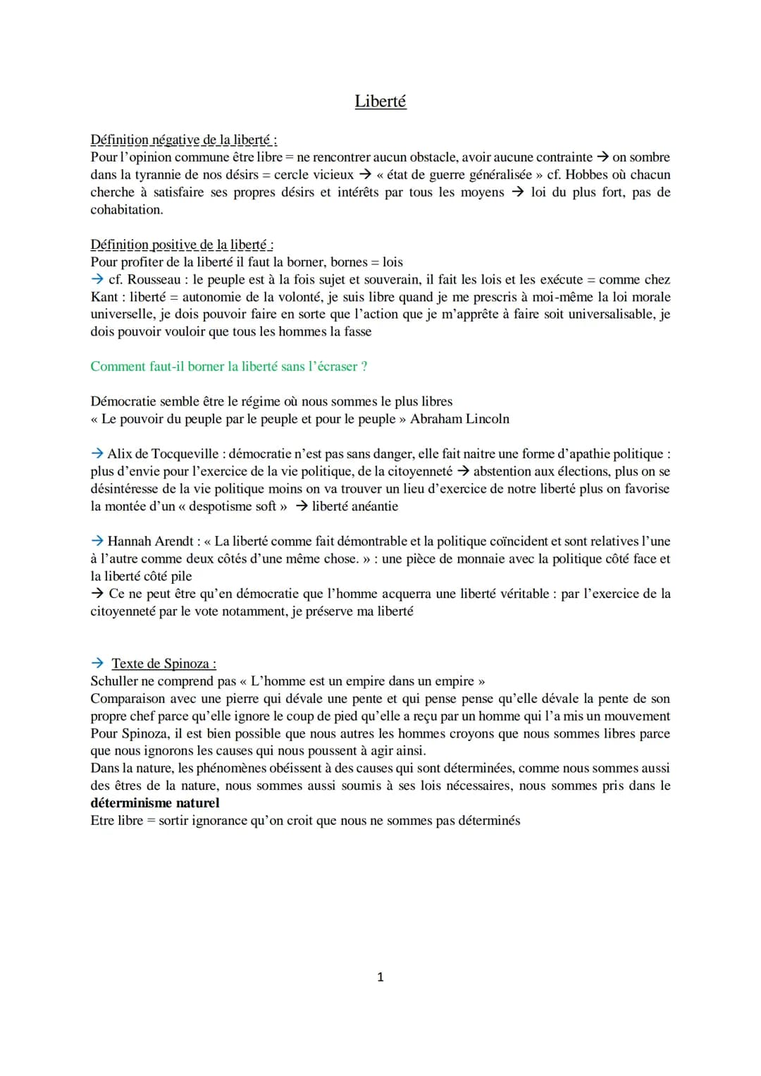 Liberté
Définition négative de la liberté :
Pour l'opinion commune être libre = ne rencontrer aucun obstacle, avoir aucune contrainte → on s