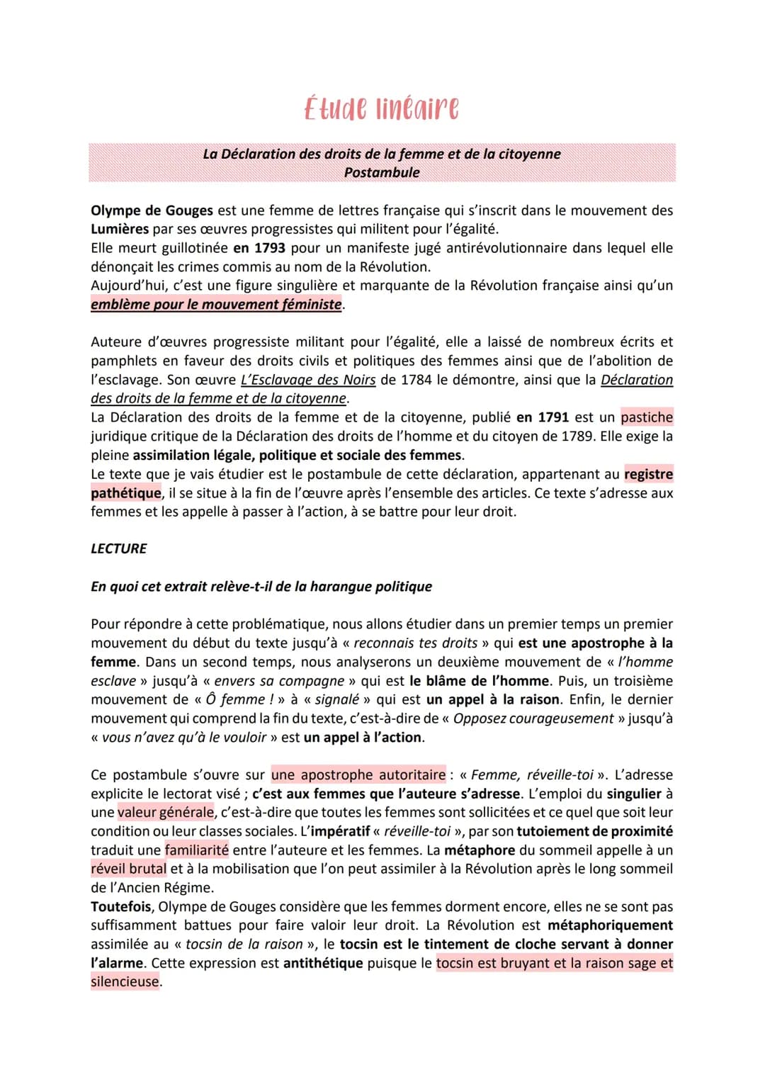 Postambule Olympe de Gouges : étude linéaire 