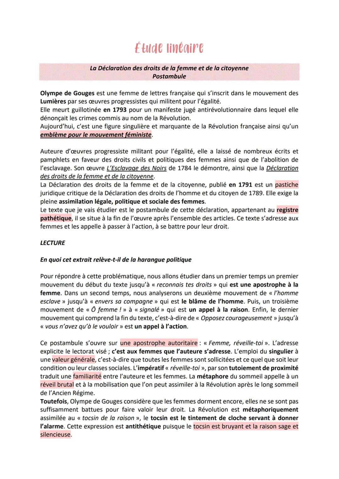 Étude linéaire
La Déclaration des droits de la femme et de la citoyenne
Postambule
Olympe de Gouges est une femme de lettres française qui s