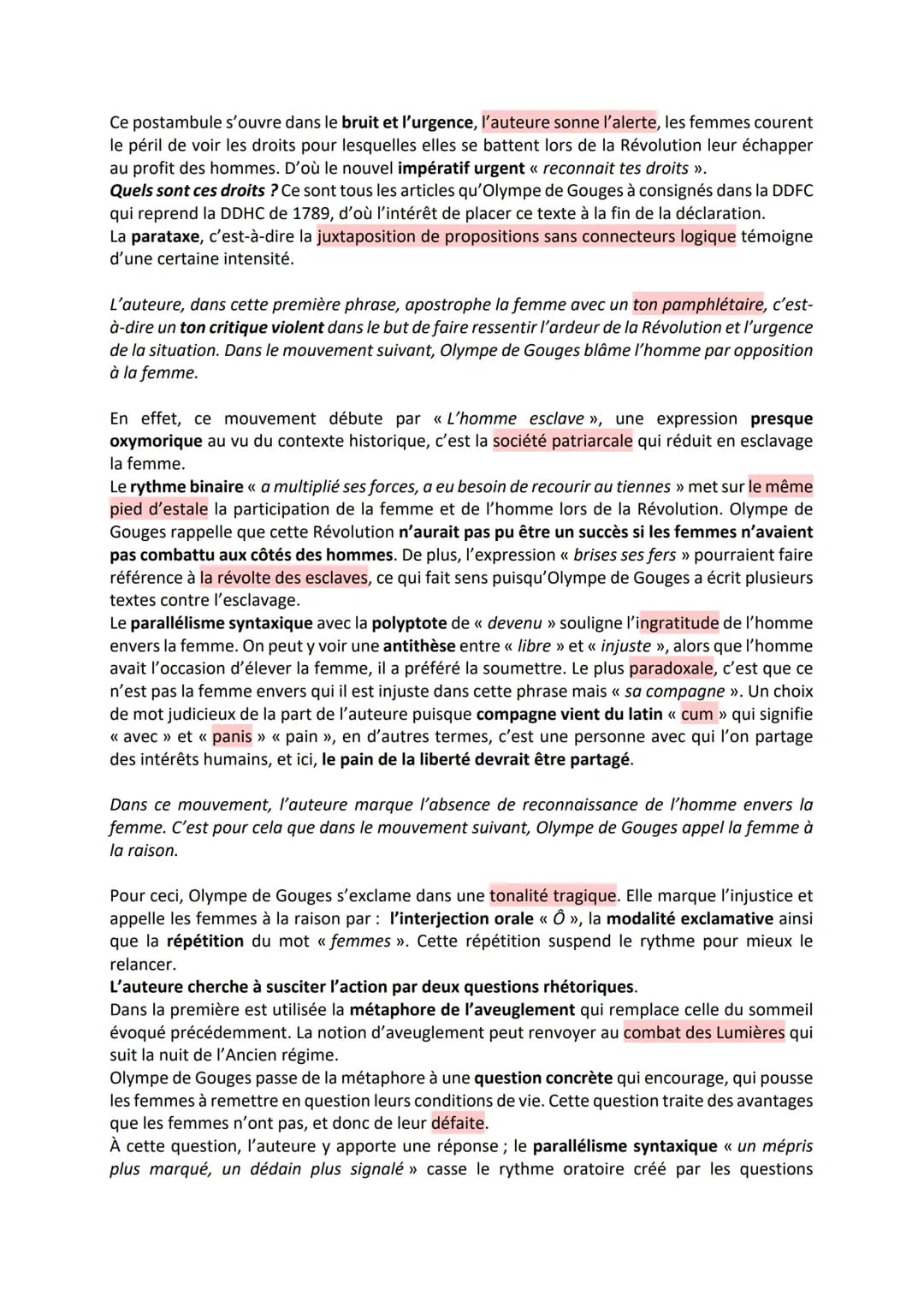 Étude linéaire
La Déclaration des droits de la femme et de la citoyenne
Postambule
Olympe de Gouges est une femme de lettres française qui s
