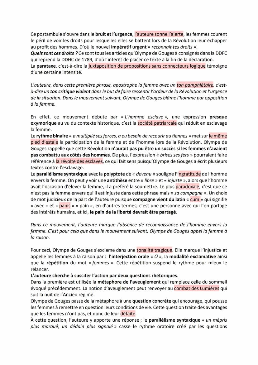 Étude linéaire
La Déclaration des droits de la femme et de la citoyenne
Postambule
Olympe de Gouges est une femme de lettres française qui s