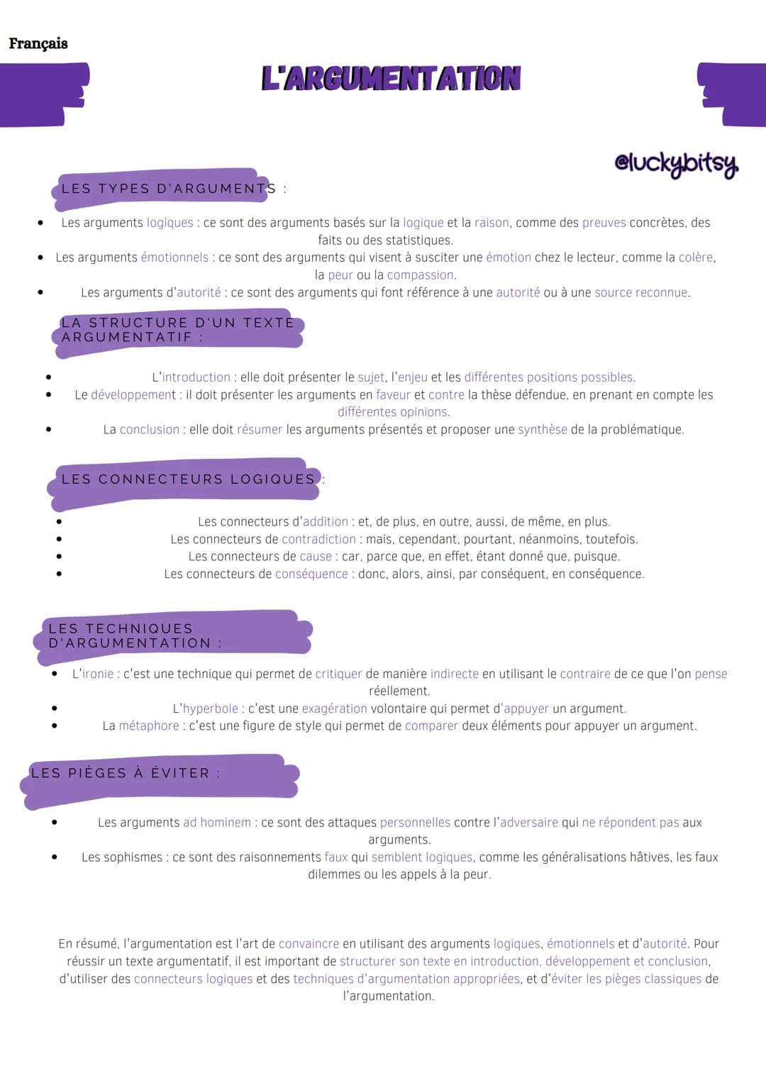 Français
@luckybitsy
Les arguments logiques : ce sont des arguments basés sur la logique et la raison, comme des preuves concrètes, des
fait