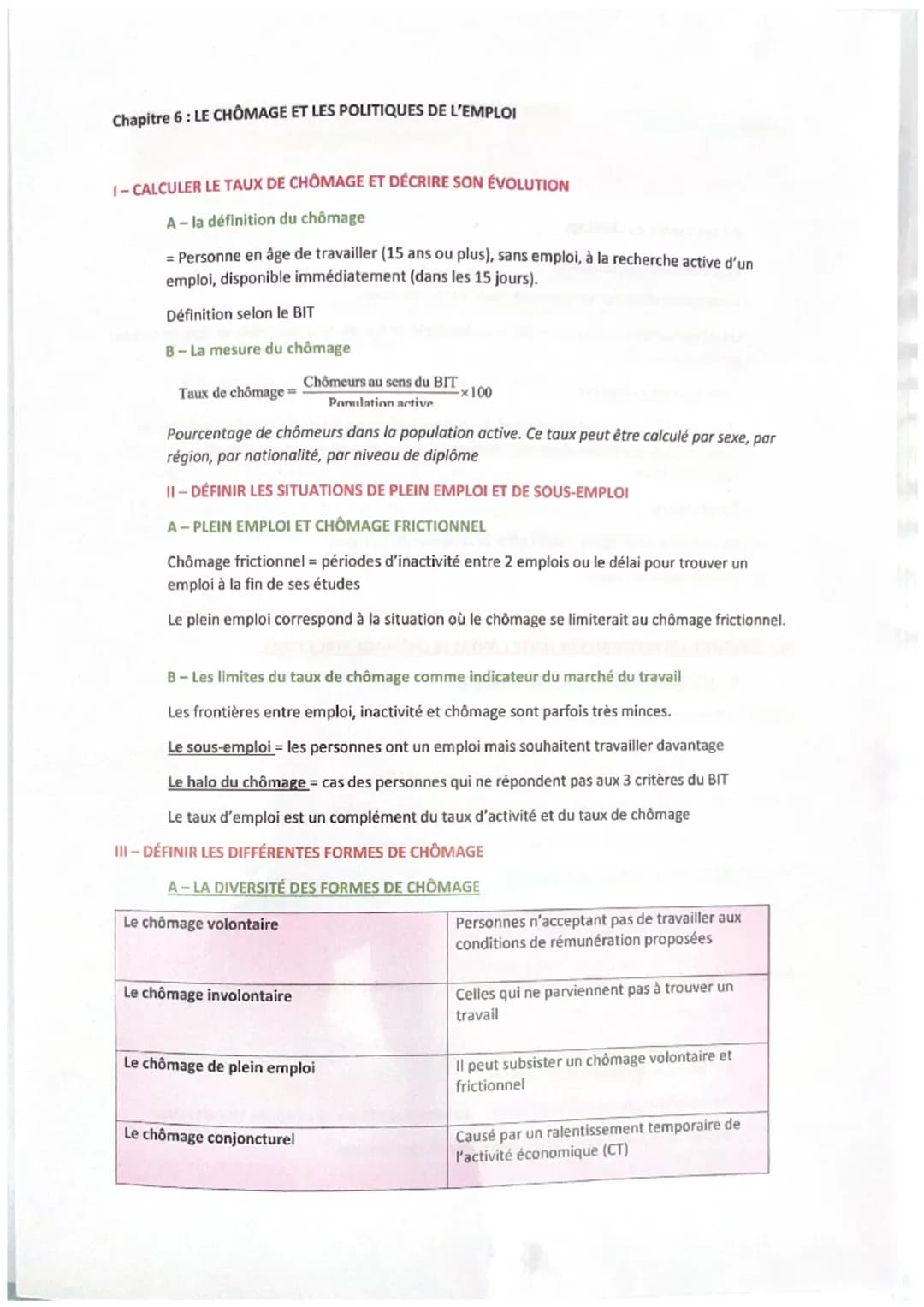 Chapitre 6 : LE CHÔMAGE ET LES POLITIQUES DE L'EMPLOI
1-CALCULER LE TAUX DE CHÔMAGE ET DÉCRIRE SON ÉVOLUTION
A-la définition du chômage
= Pe