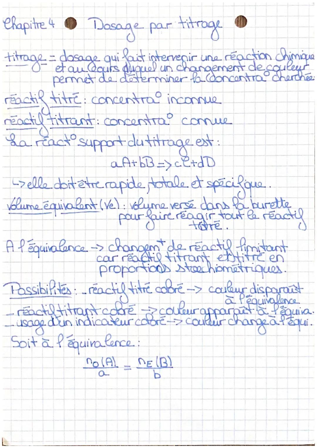 # Chapitre 4 Dosage par titroge

titrage = dosage qui fait intervenir une réaction chimique
et au Cours duquel un changement de couleur
perm