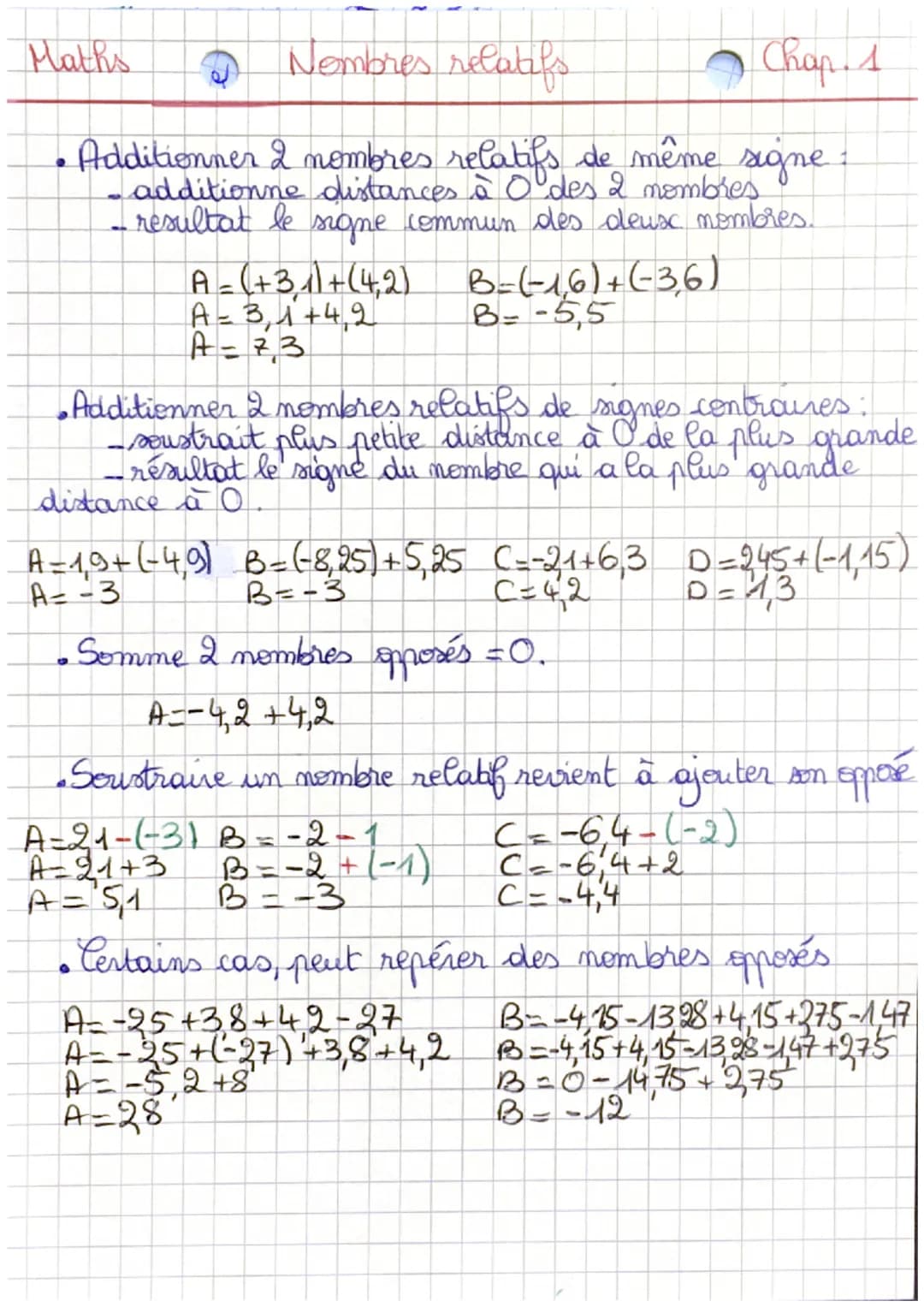 Nombres relatifs
Chap 1
• Additionner 2 nombres relatifs de même signe
additionne distances à O des 2 nombres
-resultat le signe commun des 