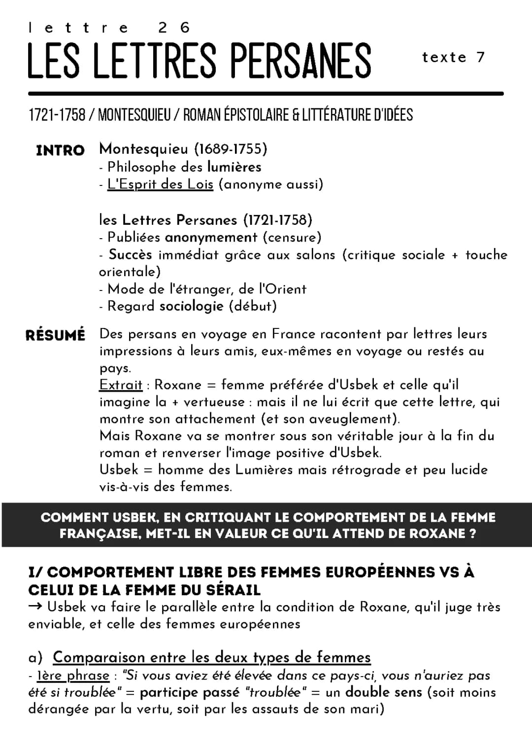 Analyse linéaire Lettre 26 Lettres Persanes - Résumé et Aide pour le Bac