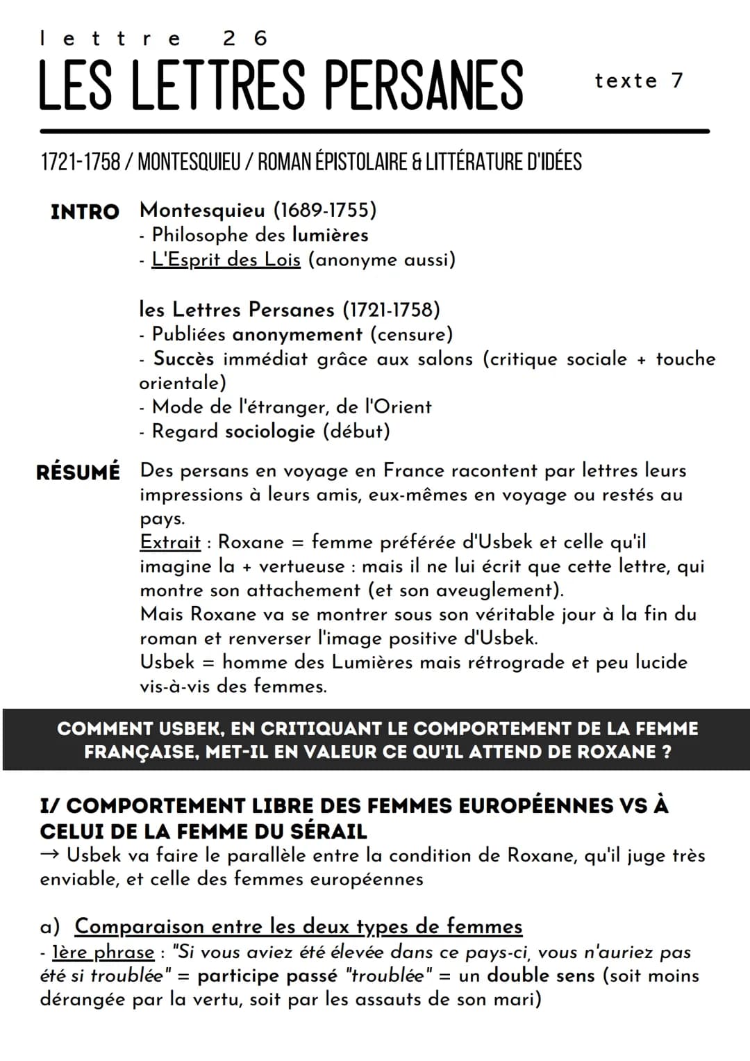 lettre 26
LES LETTRES PERSANES
1721-1758/ MONTESQUIEU / ROMAN ÉPISTOLAIRE & LITTÉRATURE D'IDÉES
INTRO Montesquieu (1689-1755)
- Philosophe d