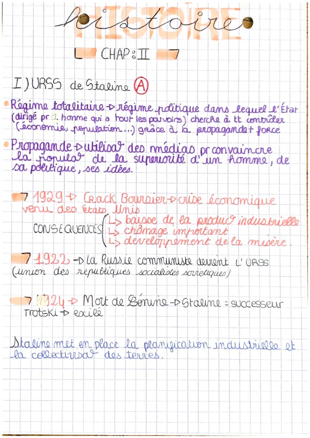 istoire
L
I) URSS de Staline A
Régime totalitaire régime politique dans lequel l'État
(dirigé pr 1. homme qui a tout les pouvoirs) cherche à