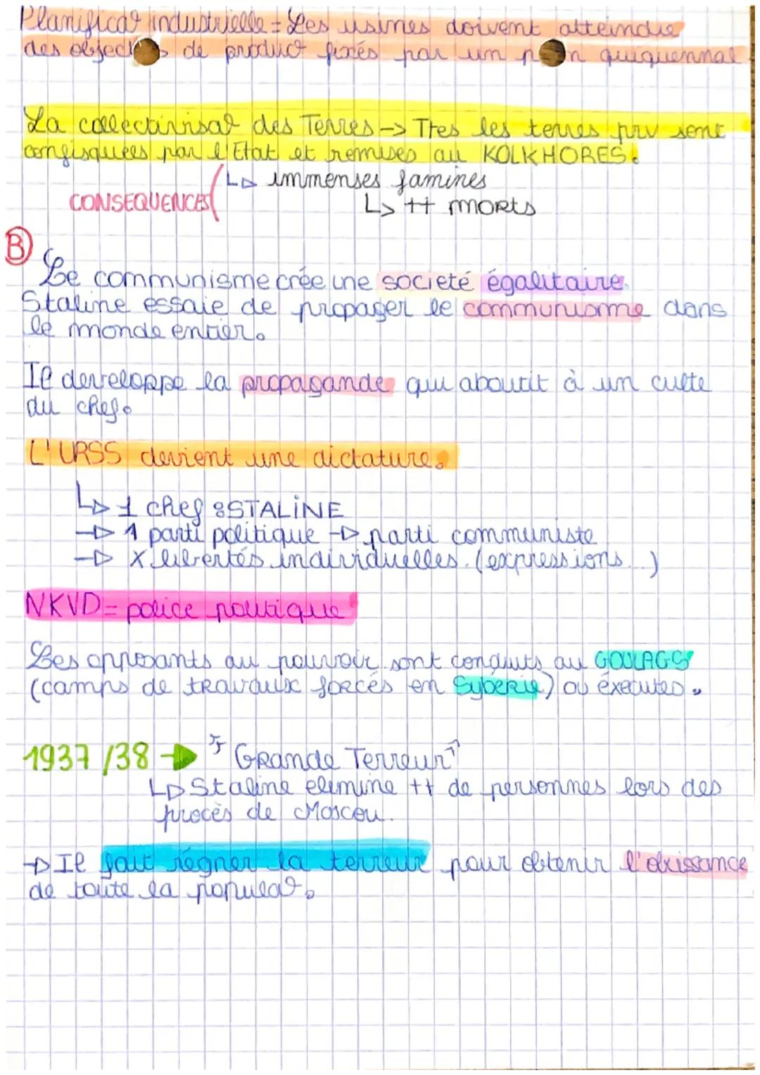 istoire
L
I) URSS de Staline A
Régime totalitaire régime politique dans lequel l'État
(dirigé pr 1. homme qui a tout les pouvoirs) cherche à