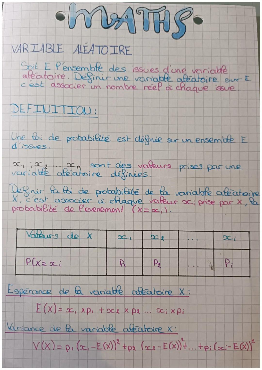 •MATHS.
VARIABLE ALEATOIRE
Soit E Pensemble des issues d'une variable
aléatoire. Definir une variable aléatoire sur E
c'est associer un nomb