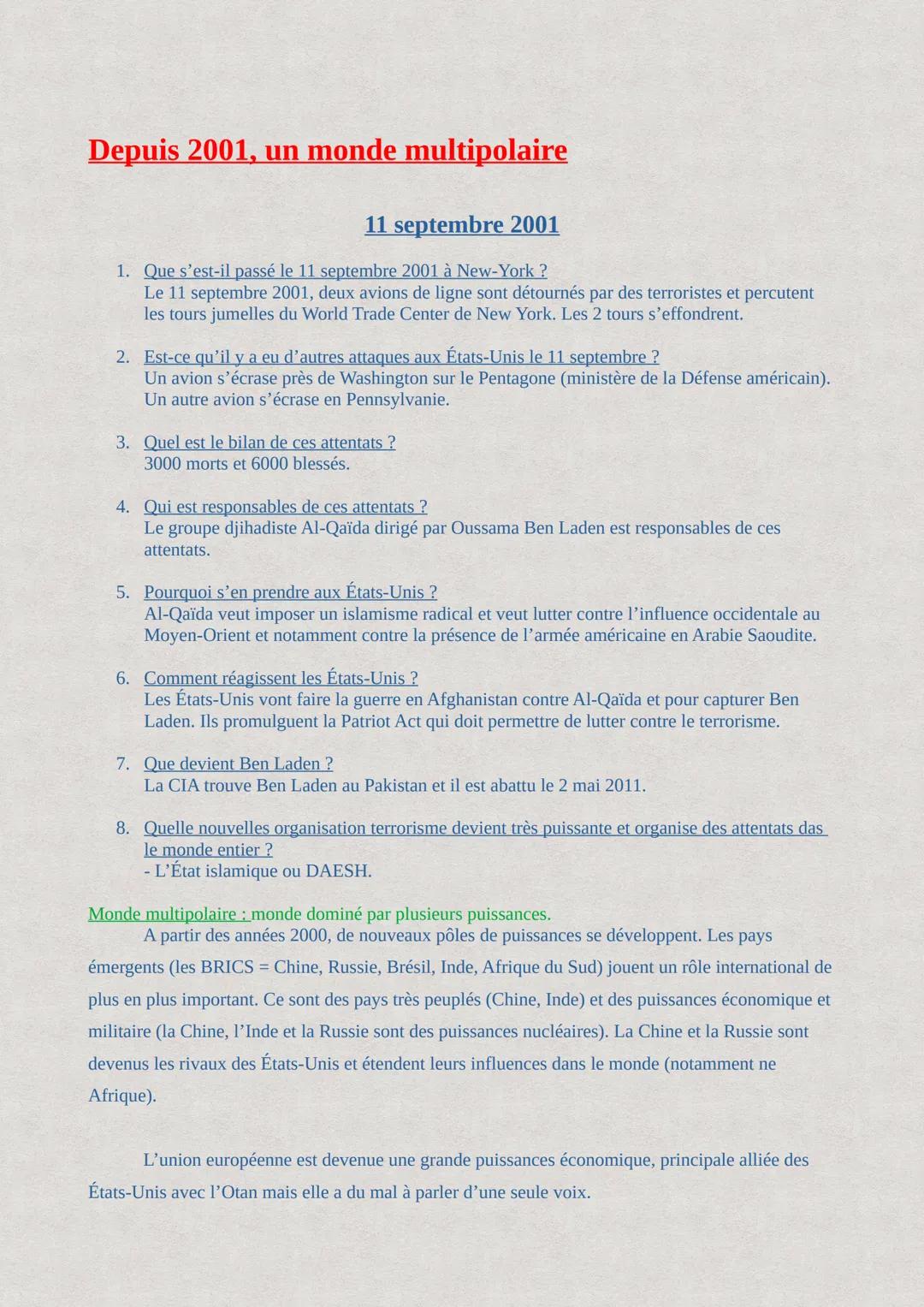 Depuis 2001, un monde multipolaire
11 septembre 2001
1. Que s'est-il passé le 11 septembre 2001 à New-York ?
Le 11 septembre 2001, deux avio