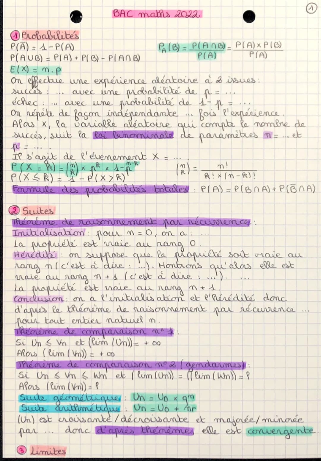 BAC maths 2022
Probabilités
P(A) = 1-P(A)
P(AUB) = P(A) + P(B) - PLANB)
E(X) = m. p
On effectue une expérience aléatoire a 2 issues:
succes.
