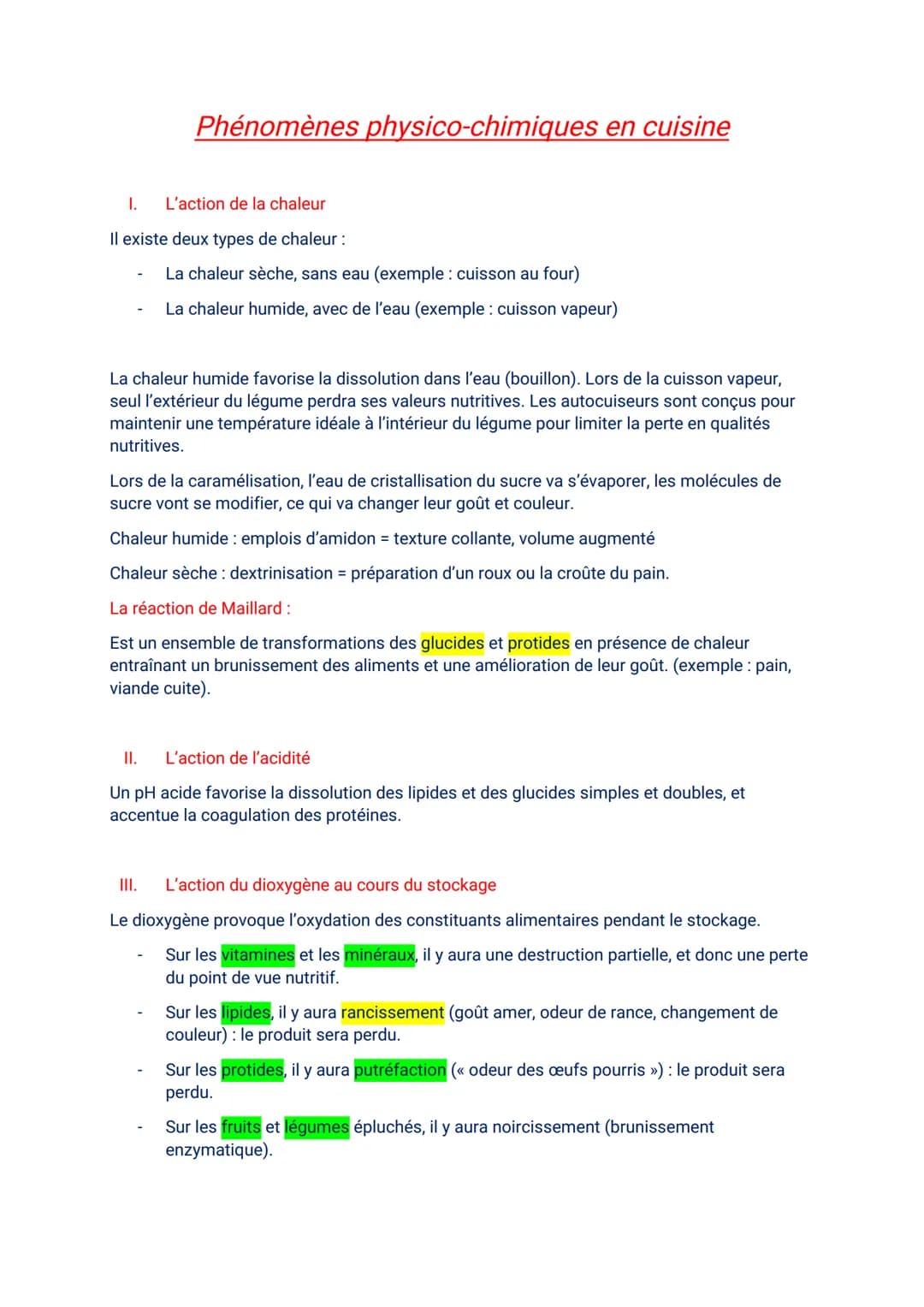 Phénomènes physico-chimiques en cuisine
I.
L'action de la chaleur
Il existe deux types de chaleur :
La chaleur sèche, sans eau (exemple: cui