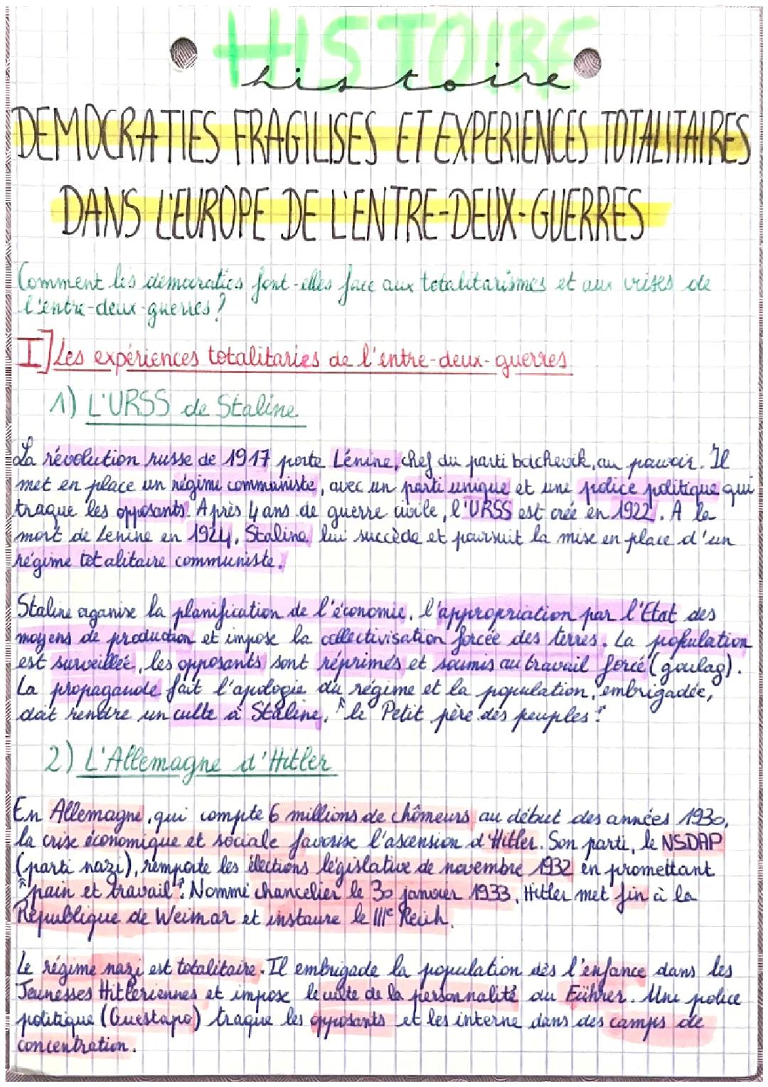 Cours Histoire 3ème: Démocraties Fragilisées et Expériences Totalitaires PDF