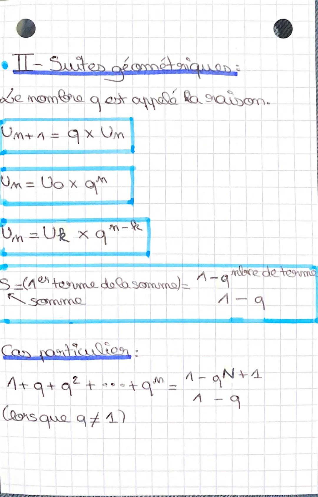 MATH
les suites
•T-Suites arithmétiques
Le nombre r est appelé la raison.
Un+1 = Un + r.
Un=yo+nr
Un = Uk + Cm - k) r
S= (mbre de terme) x (