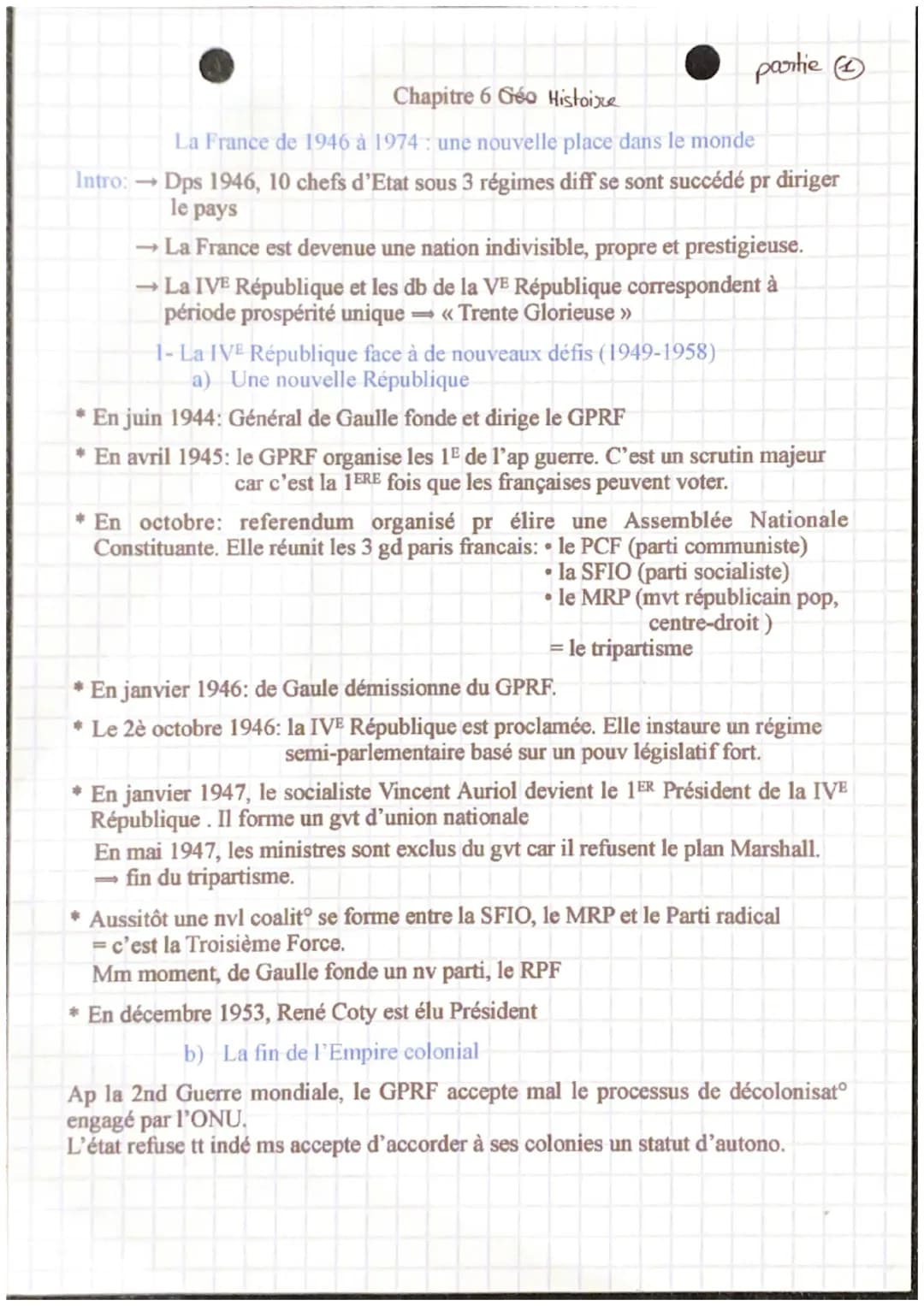 partie Ⓒ
Chapitre 6 Géo Histoire
La France de 1946 à 1974 : une nouvelle place dans le monde
Intro: → Dps 1946, 10 chefs d'Etat sous 3 régim