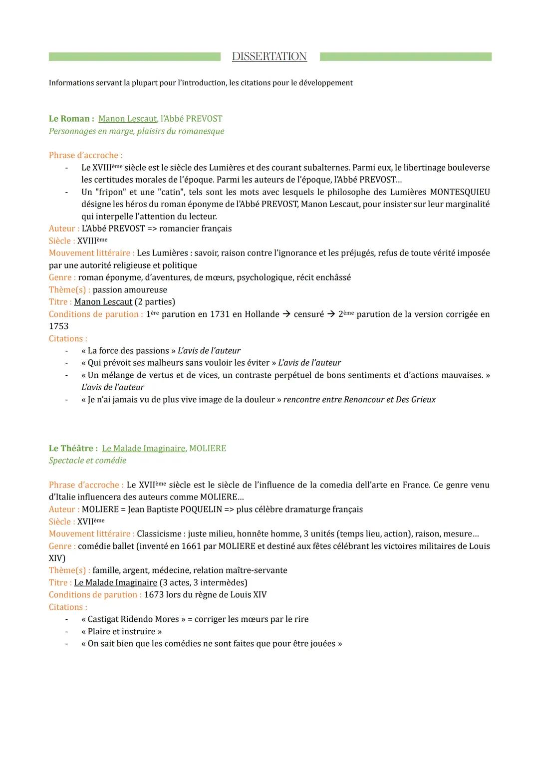 Informations servant la plupart pour l'introduction, les citations pour le développement
Le Roman: Manon Lescaut, l'Abbé PREVOST
Personnages
