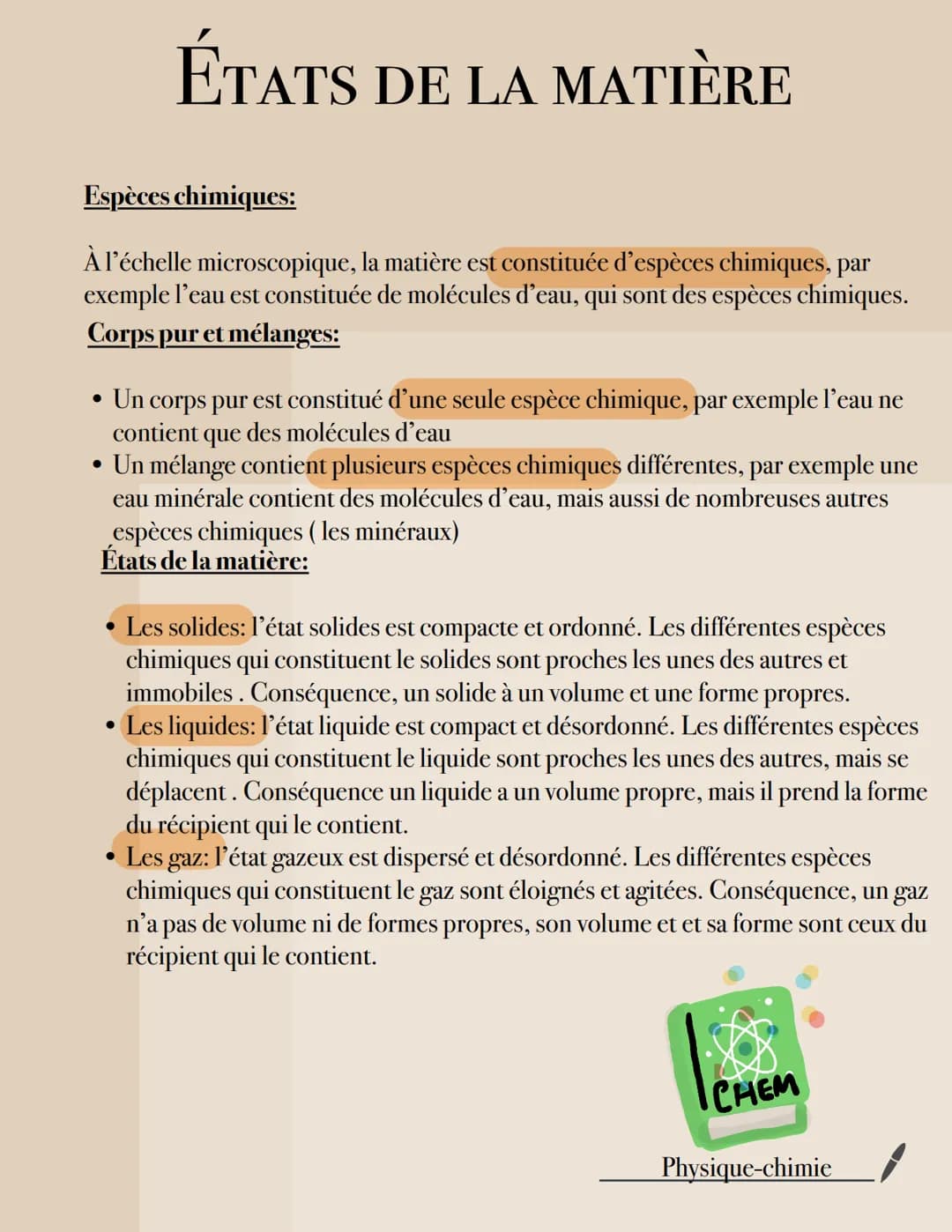 ÉTATS DE LA MATIÈRE
Espèces chimiques:
À l'échelle microscopique, la matière est constituée d'espèces chimiques, par
exemple l'eau est const